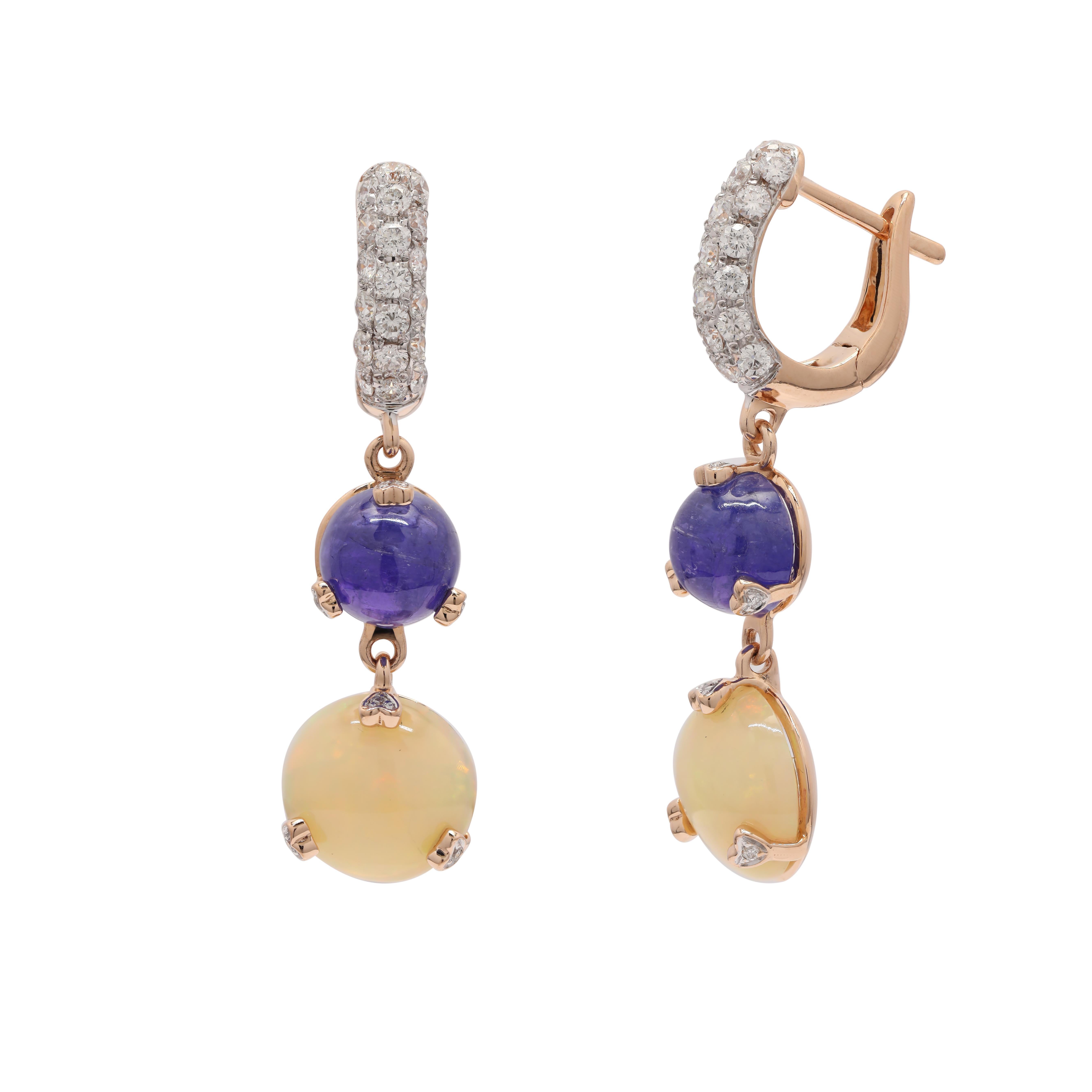 Round Cut Sapphire and Opal Designer Dangle and Drop Earrings in 14K Rose Gold  For Sale