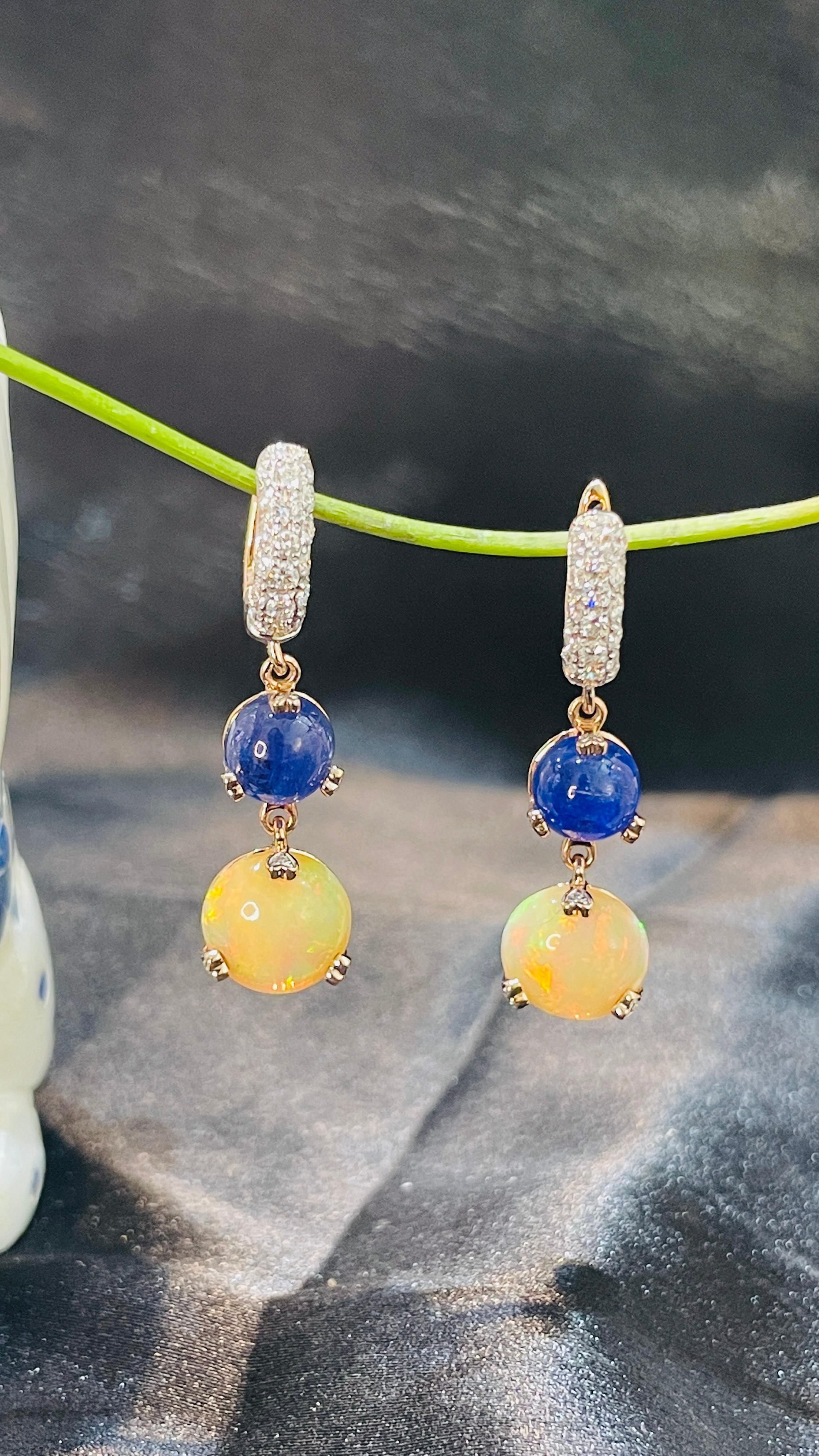 Sapphire and Opal Designer Dangle and Drop Earrings in 14K Rose Gold  In New Condition For Sale In Houston, TX