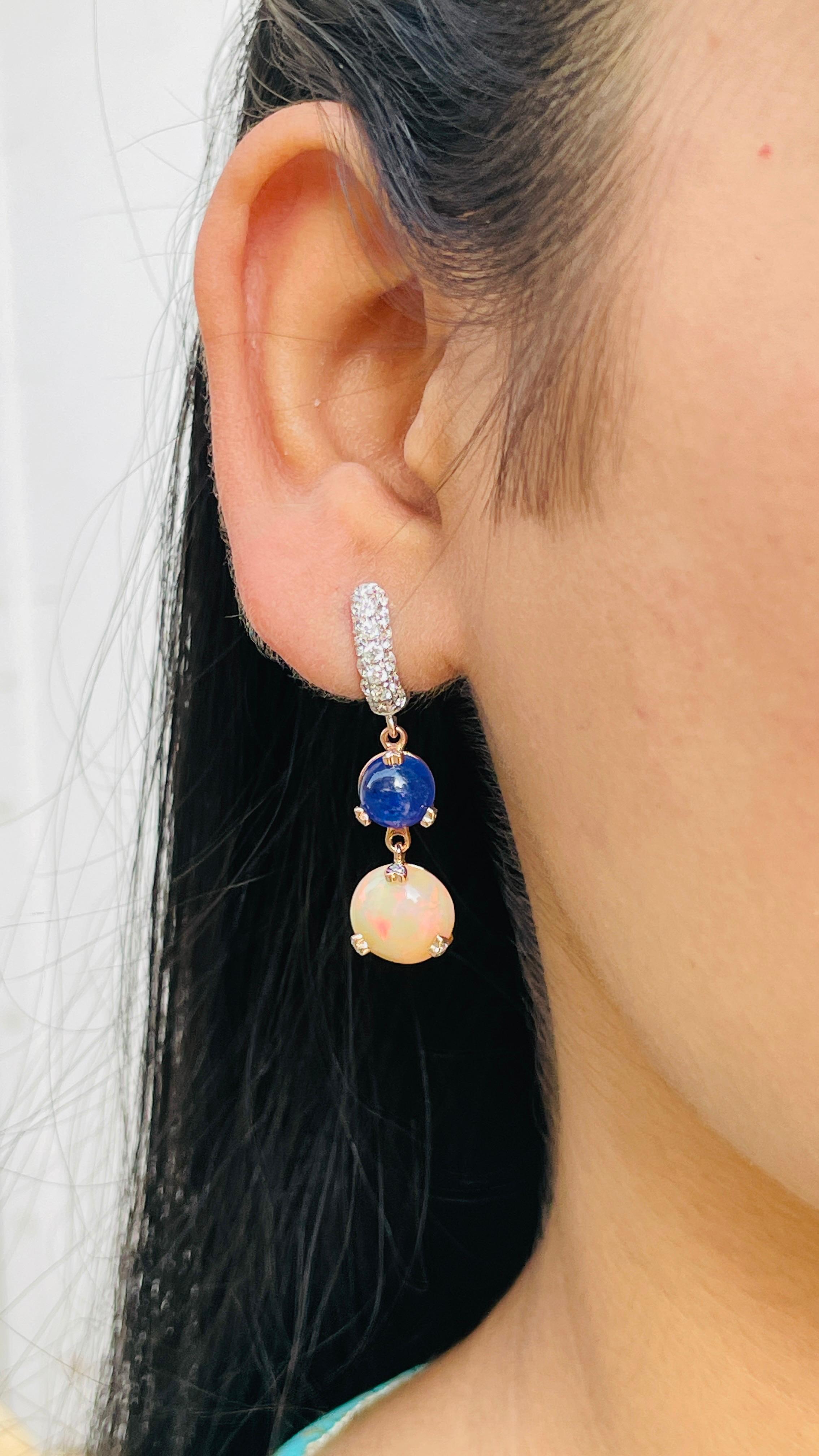 Women's Sapphire and Opal Designer Dangle and Drop Earrings in 14K Rose Gold  For Sale