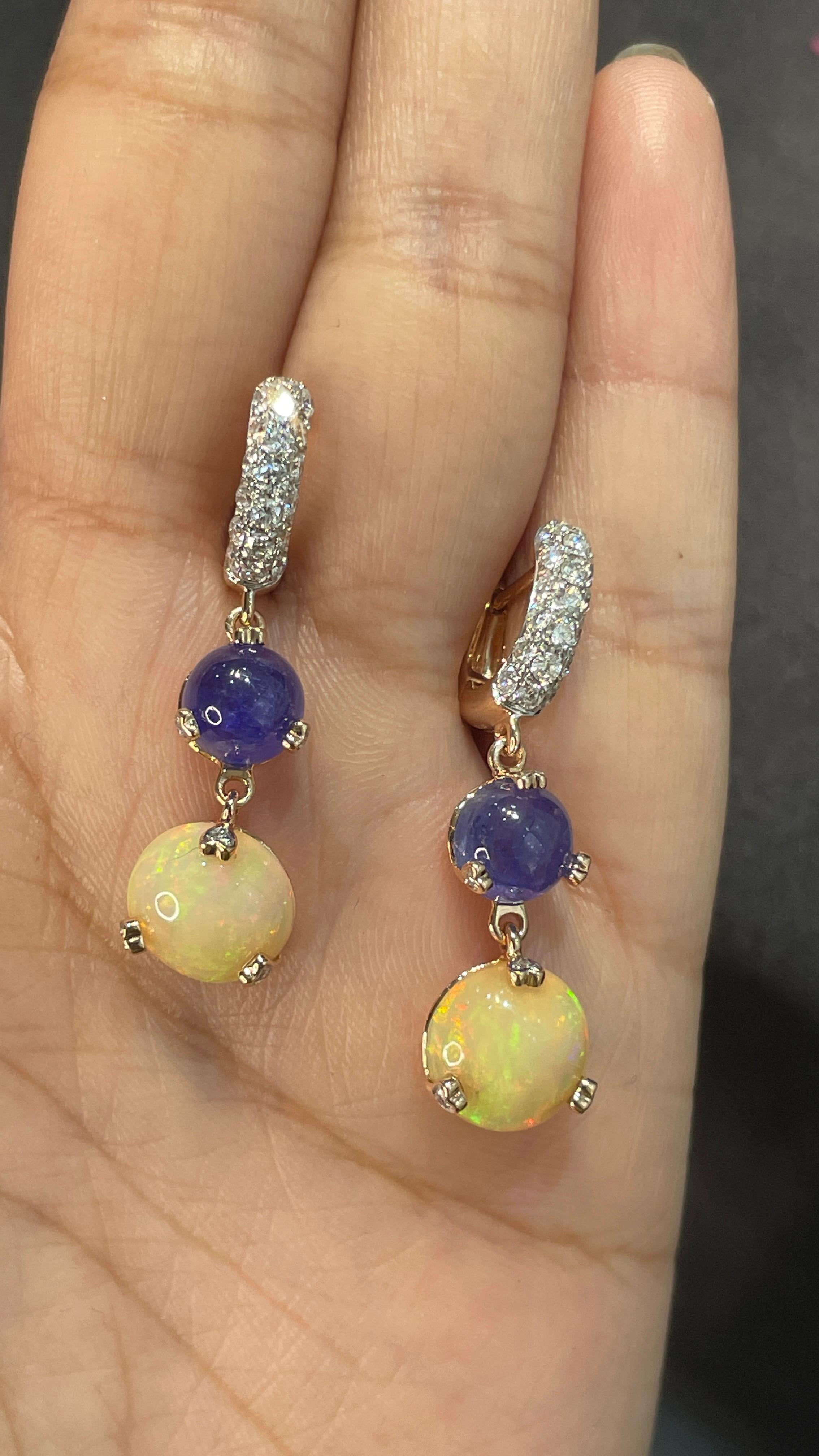 Sapphire Opal Dangle Drop Wedding Earrings in 14k Solid Rose Gold For Sale 1