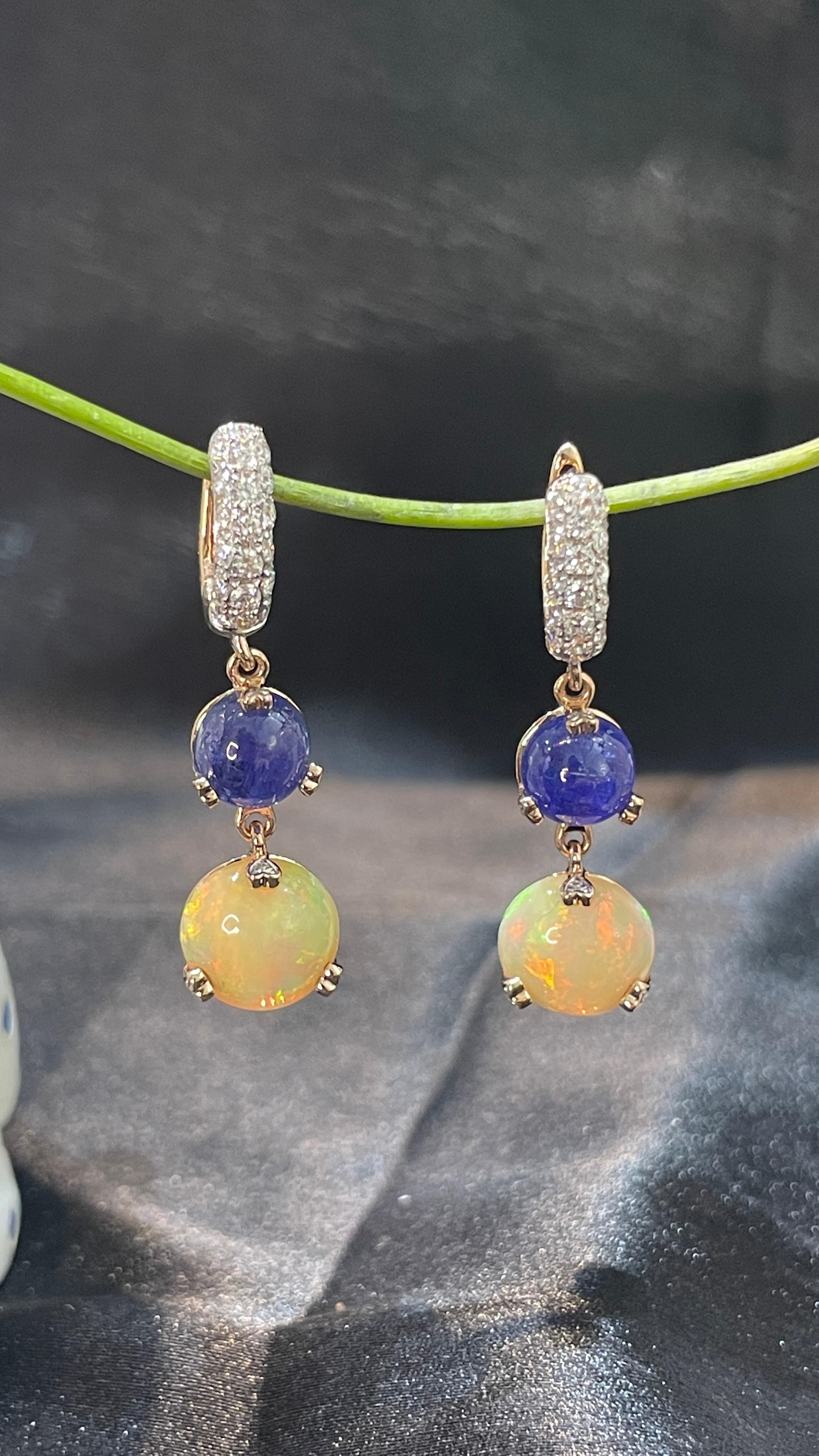 Sapphire and Opal Designer Dangle and Drop Earrings in 14K Rose Gold  For Sale 2