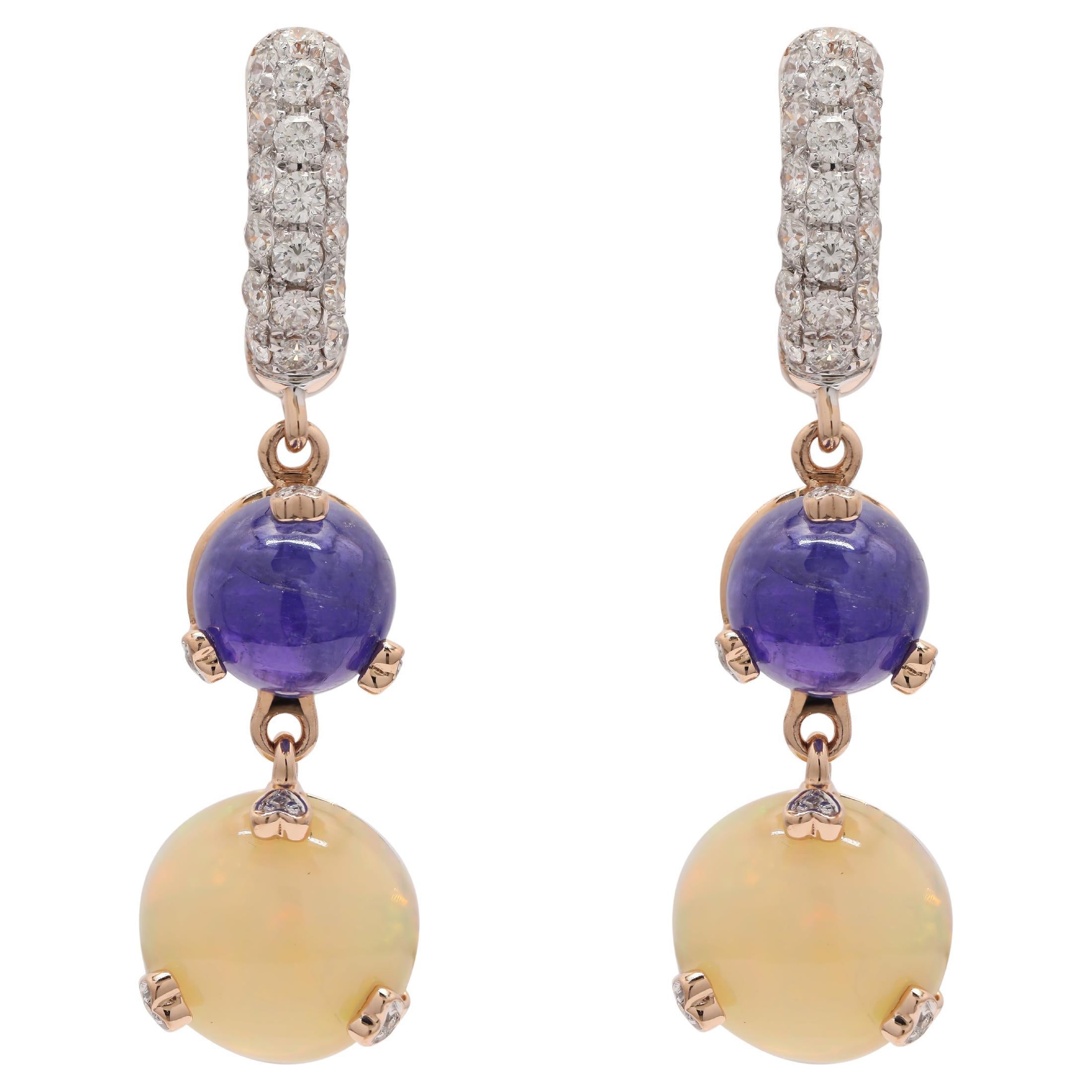 Sapphire and Opal Designer Dangle and Drop Earrings in 14K Rose Gold  For Sale