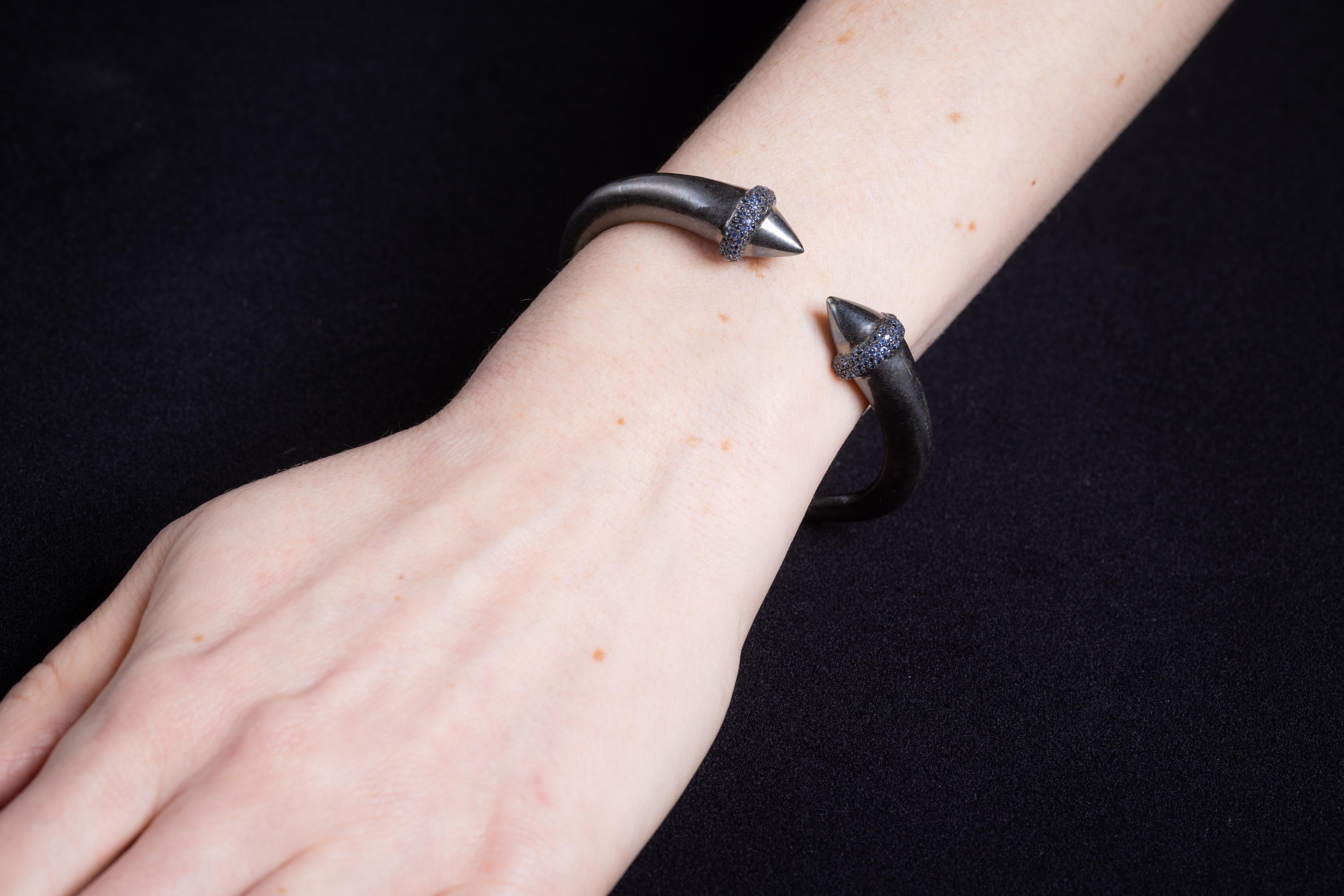 Round Cut Sapphire and Oxidized Sterling Silver Cuff Bracelet For Sale