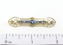 Sapphire and Pearl Bar Pin / 14 Karat Yellow Gold