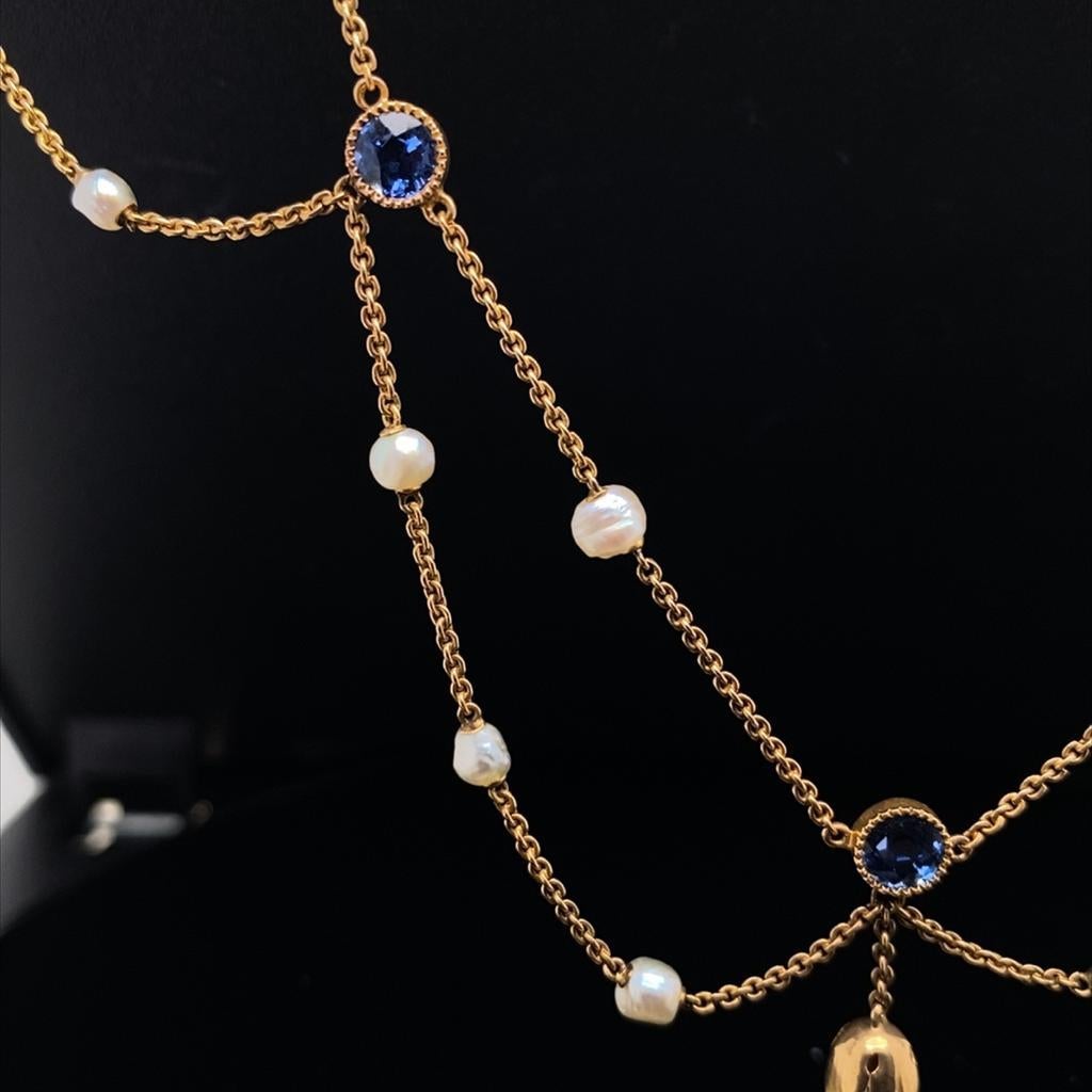 Retro Sapphire and Pearl Necklace 14 Karat White Gold, Circa 1900