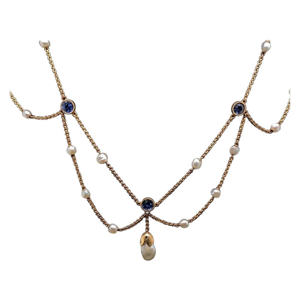 Sapphire and Pearl Necklace 14 Karat White Gold, Circa 1900