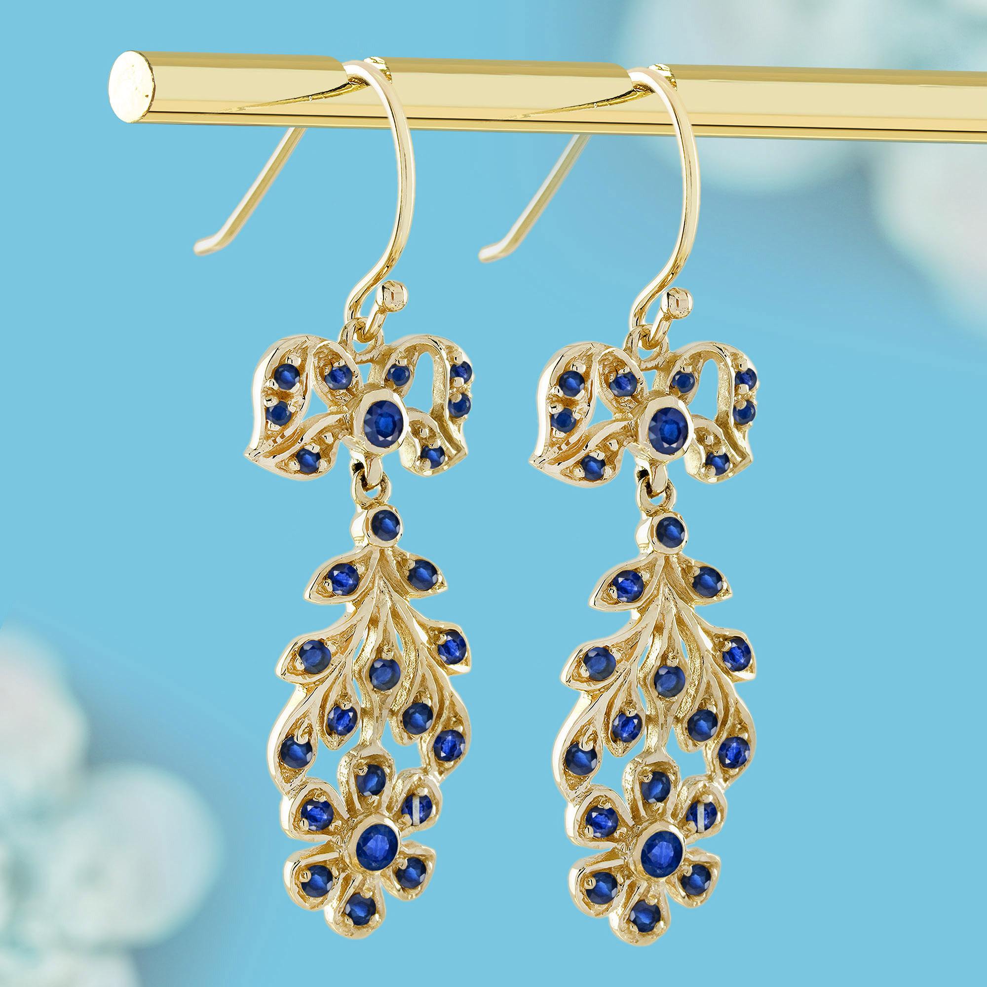 Ohrhänger mit Saphiren und Perlen im Vintage-Stil aus massivem 9K Gold mit Blumenmuster (Edwardian) im Angebot