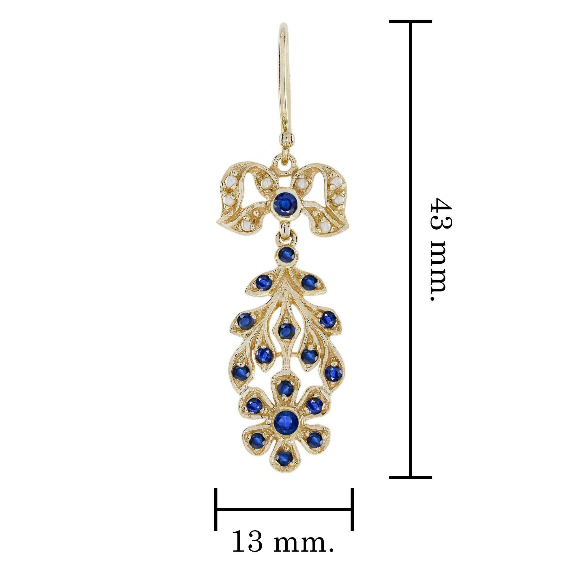 Ohrhänger mit Saphiren und Perlen im Vintage-Stil aus massivem 9K Gold mit Blumenmuster im Zustand „Neu“ im Angebot in Bangkok, TH