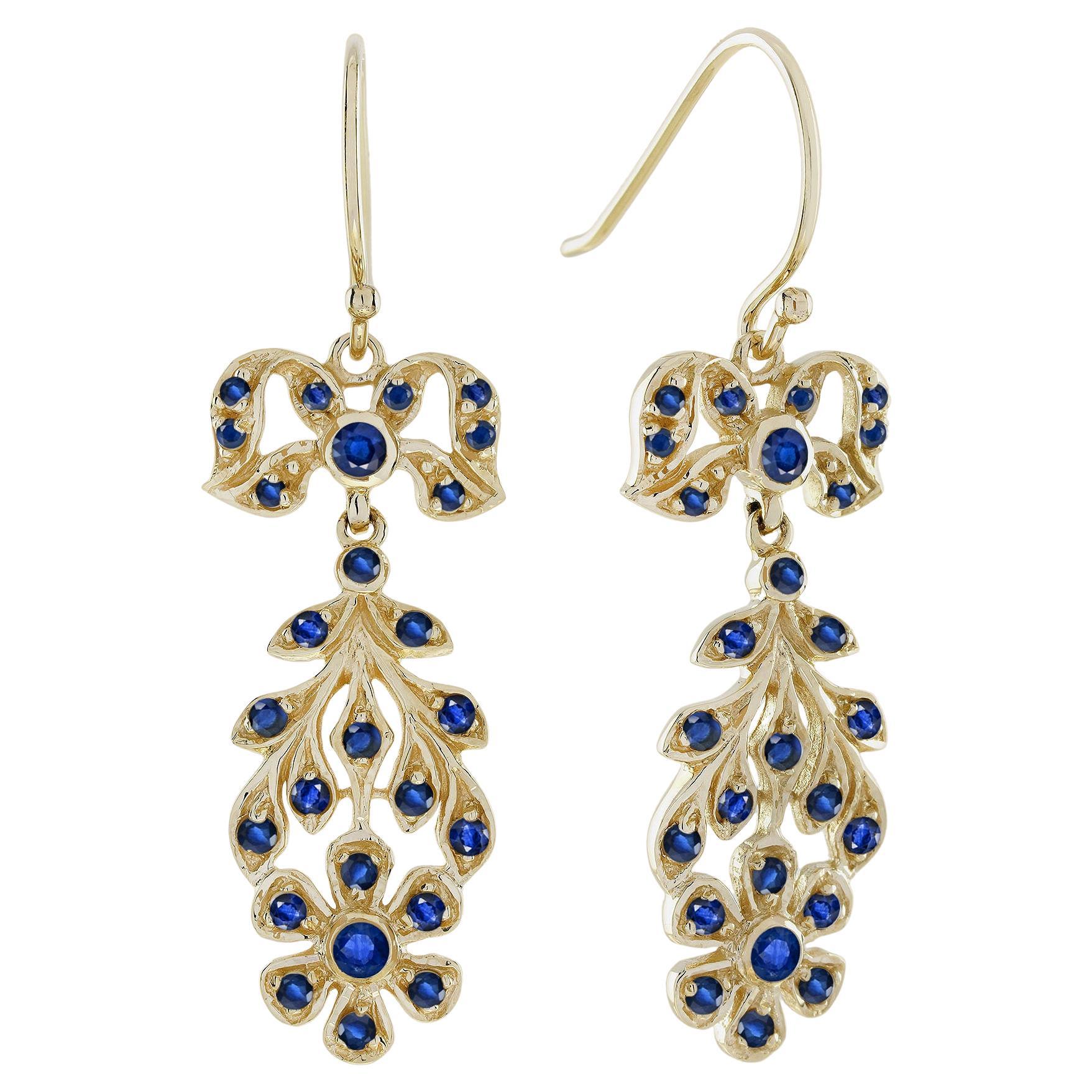 Sapphire and Pearl Vintage Style Floral Dangle Earrings in Solid 9K Gold