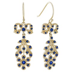 Sapphire and Pearl Vintage Style Floral Dangle Earrings in Solid 9K Gold