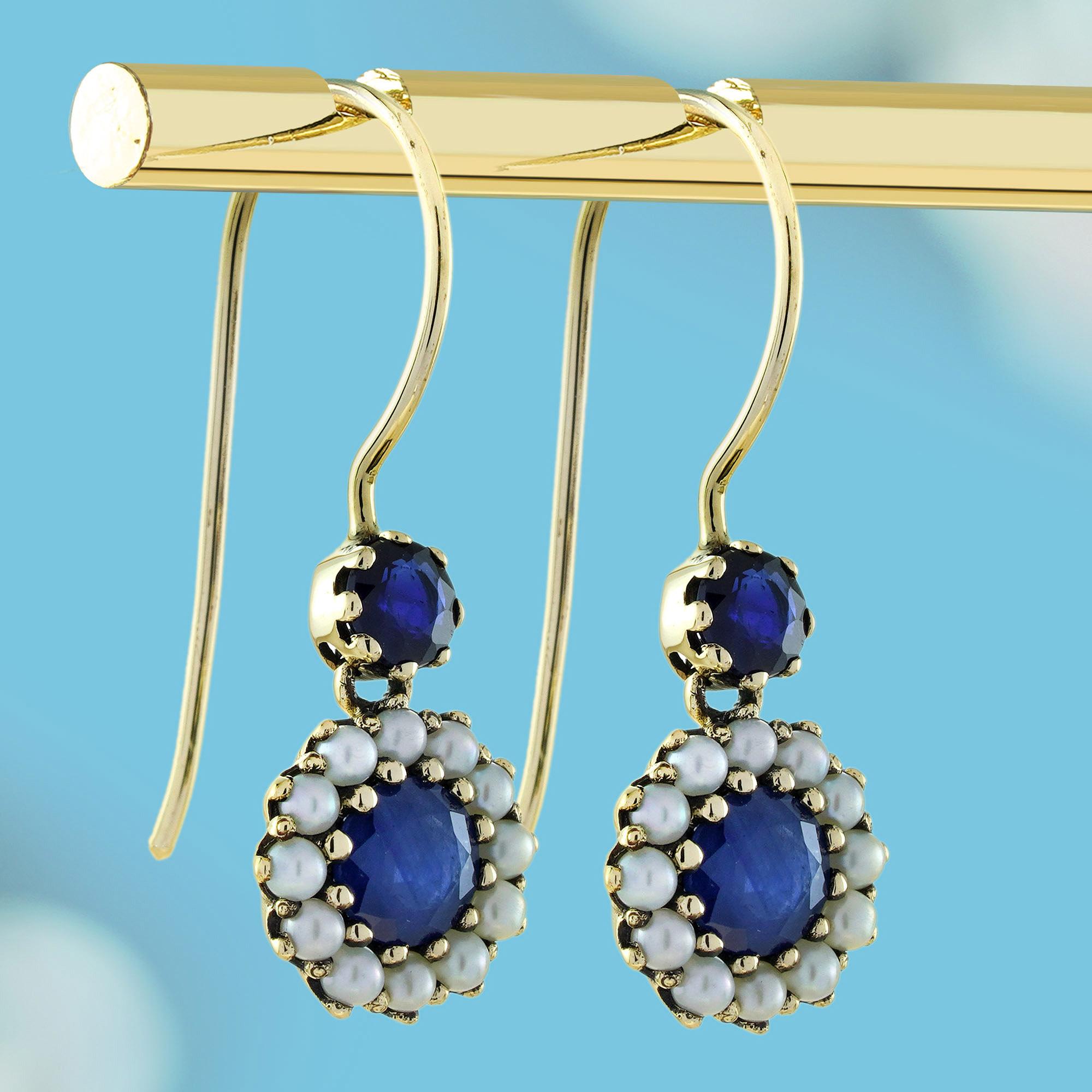 Saphir und Perle Vintage Style Floral Drop Ohrringe in massivem 9K Gold (Edwardian) im Angebot