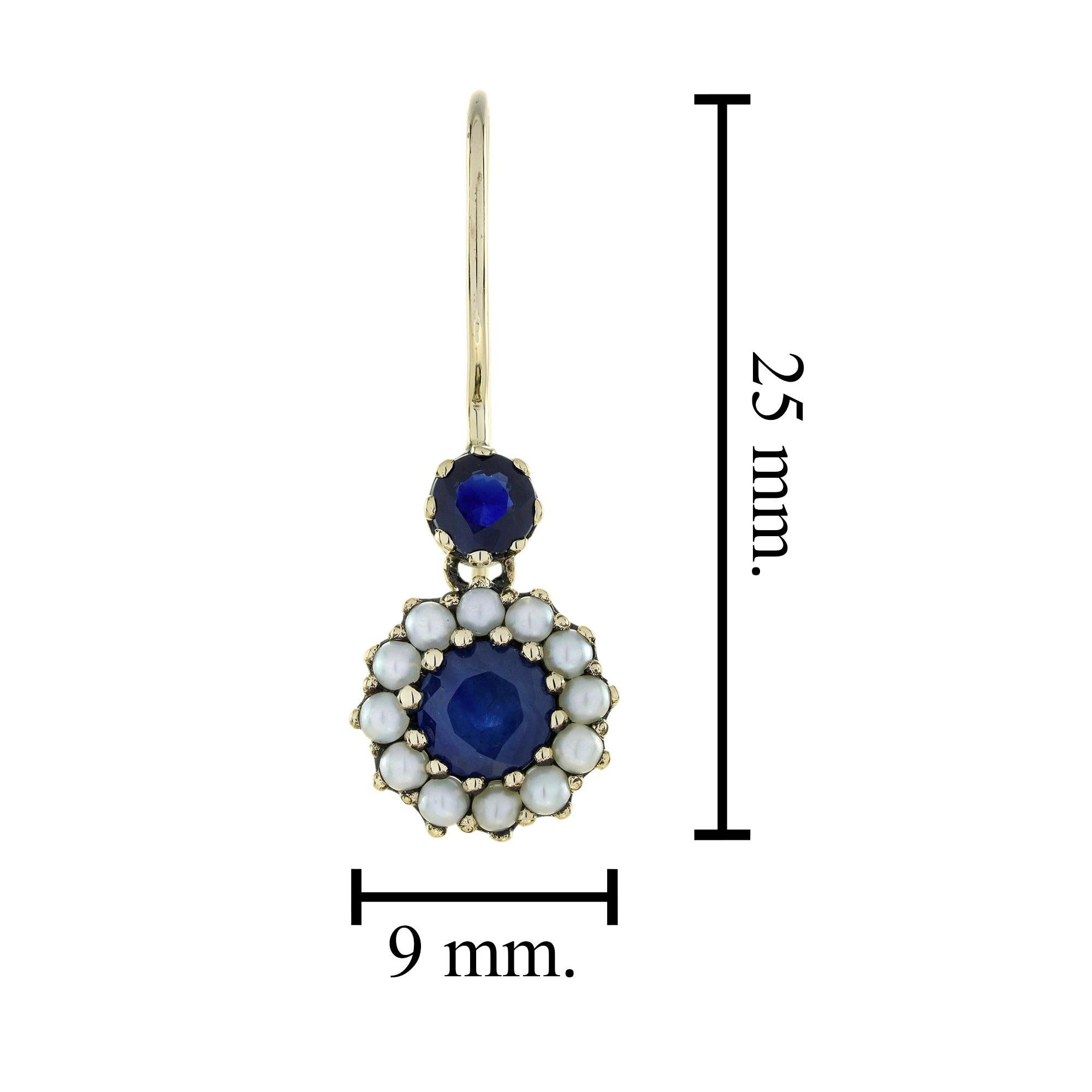 Saphir und Perle Vintage Style Floral Drop Ohrringe in massivem 9K Gold im Zustand „Neu“ im Angebot in Bangkok, TH