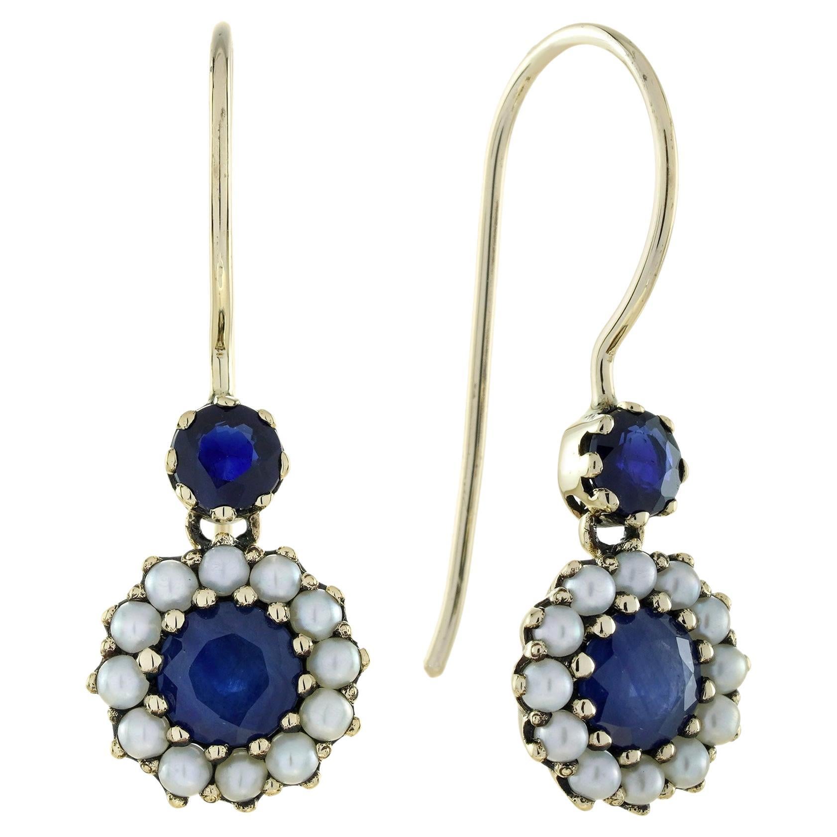 Saphir und Perle Vintage Style Floral Drop Ohrringe in massivem 9K Gold im Angebot