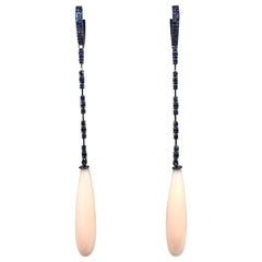 Sapphire and Pink Coral on Black Gold 18 Karat Dangle Earrings