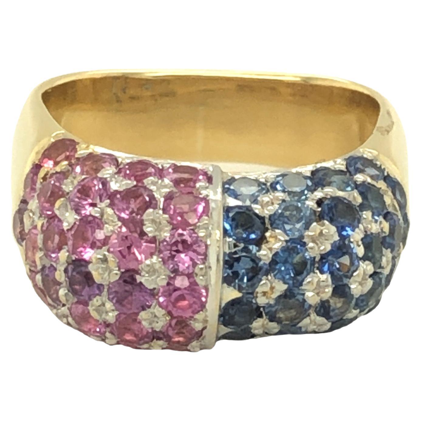 Round Cut Sapphire and Pink Sapphire Dome Pavé Set Square Ring 18K Yellow Gold For Sale