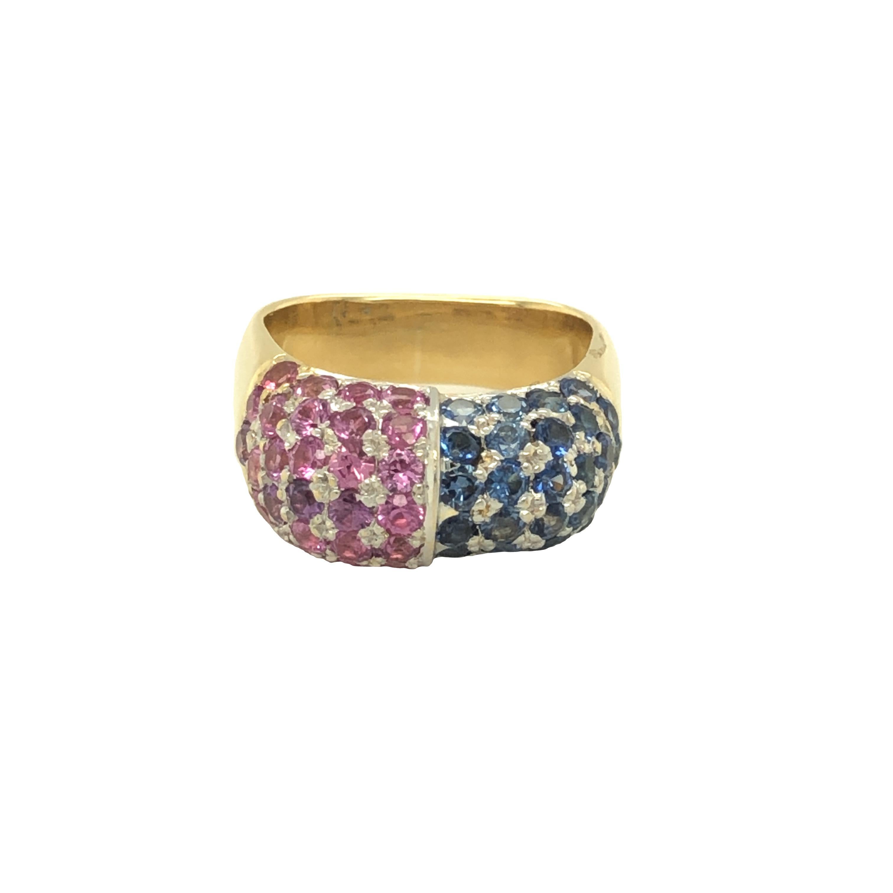 Sapphire and Pink Sapphire Dome Pavé Set Square Ring 18K Yellow Gold In Excellent Condition For Sale In beverly hills, CA