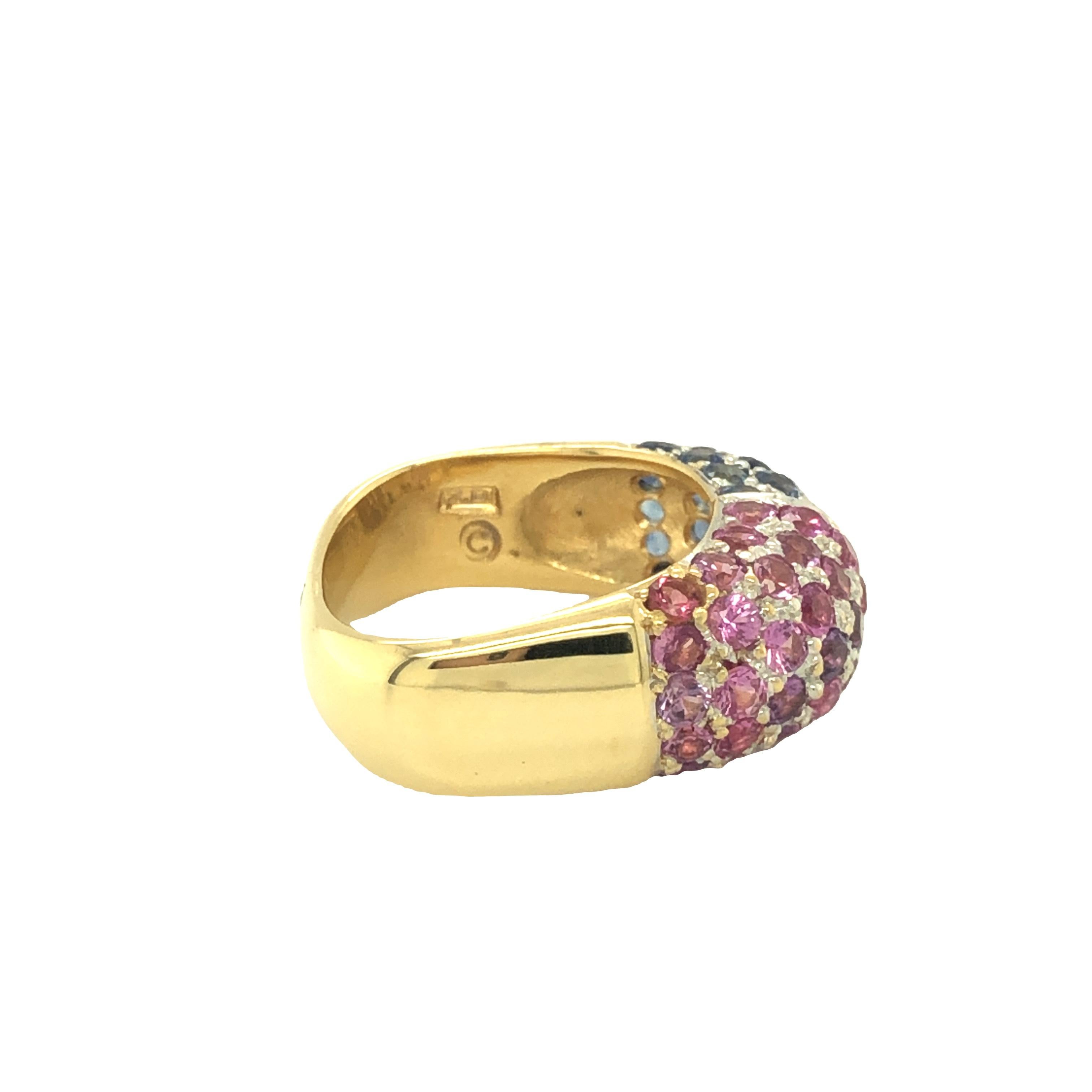 Women's Sapphire and Pink Sapphire Dome Pavé Set Square Ring 18K Yellow Gold For Sale