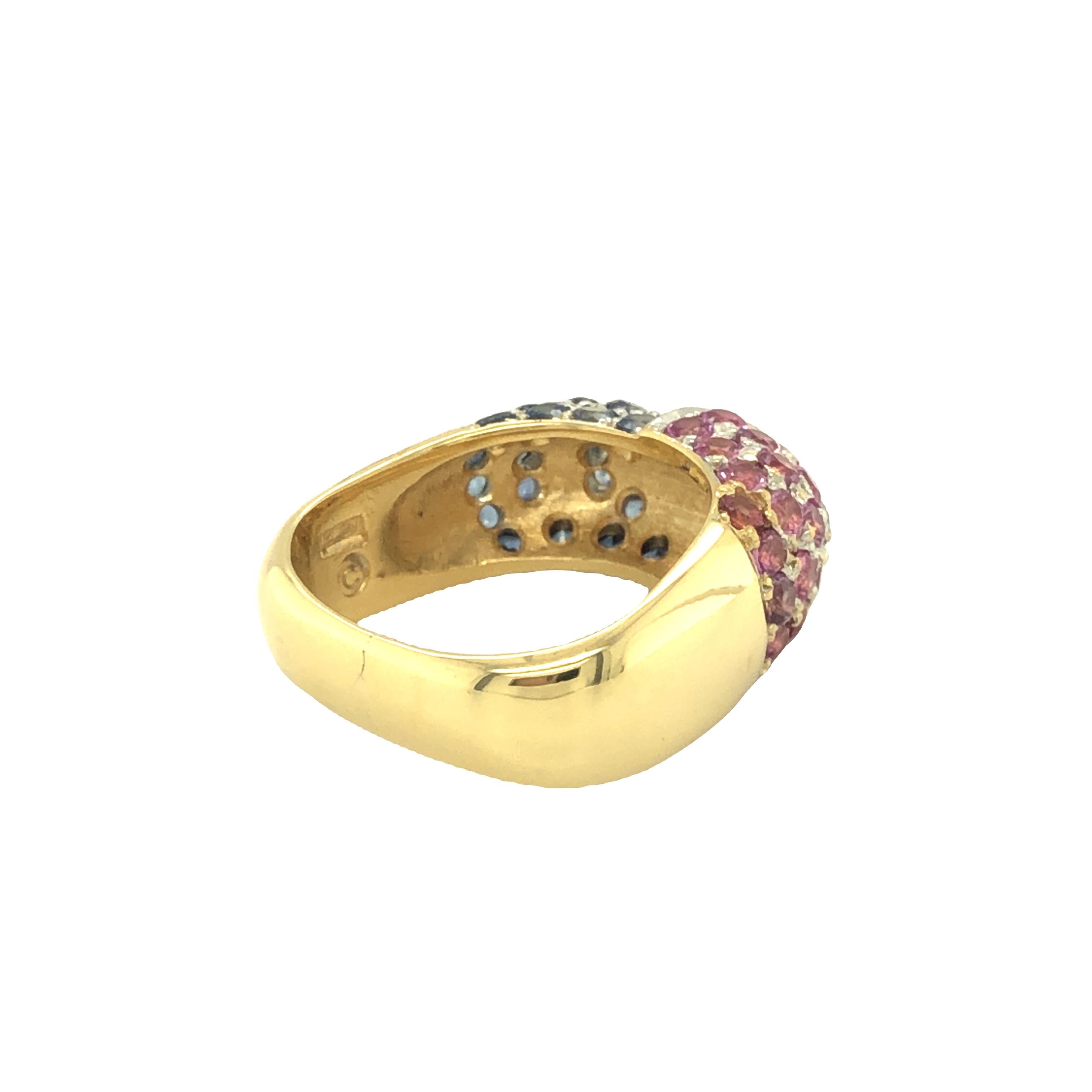 Sapphire and Pink Sapphire Dome Pavé Set Square Ring 18K Yellow Gold For Sale 1