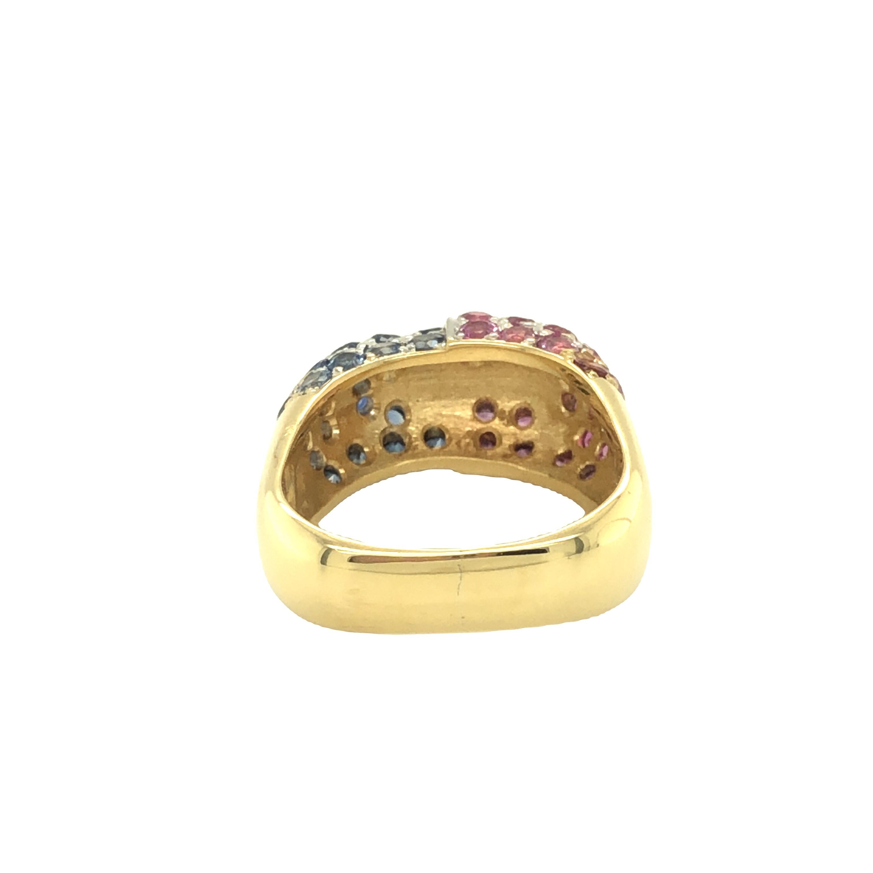 Sapphire and Pink Sapphire Dome Pavé Set Square Ring 18K Yellow Gold For Sale 2