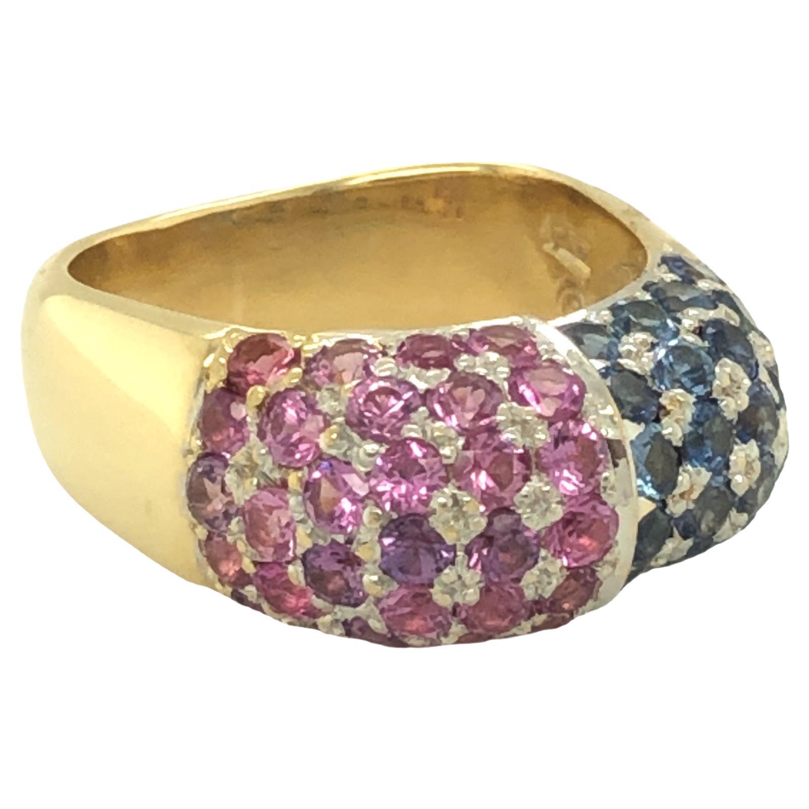 Sapphire and Pink Sapphire Dome Pavé Set Square Ring 18K Yellow Gold