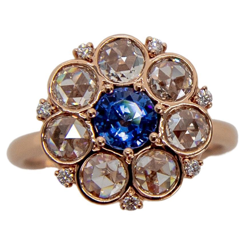 Blue Sapphire and Rose Cut Diamond Cluster Ring For Sale
