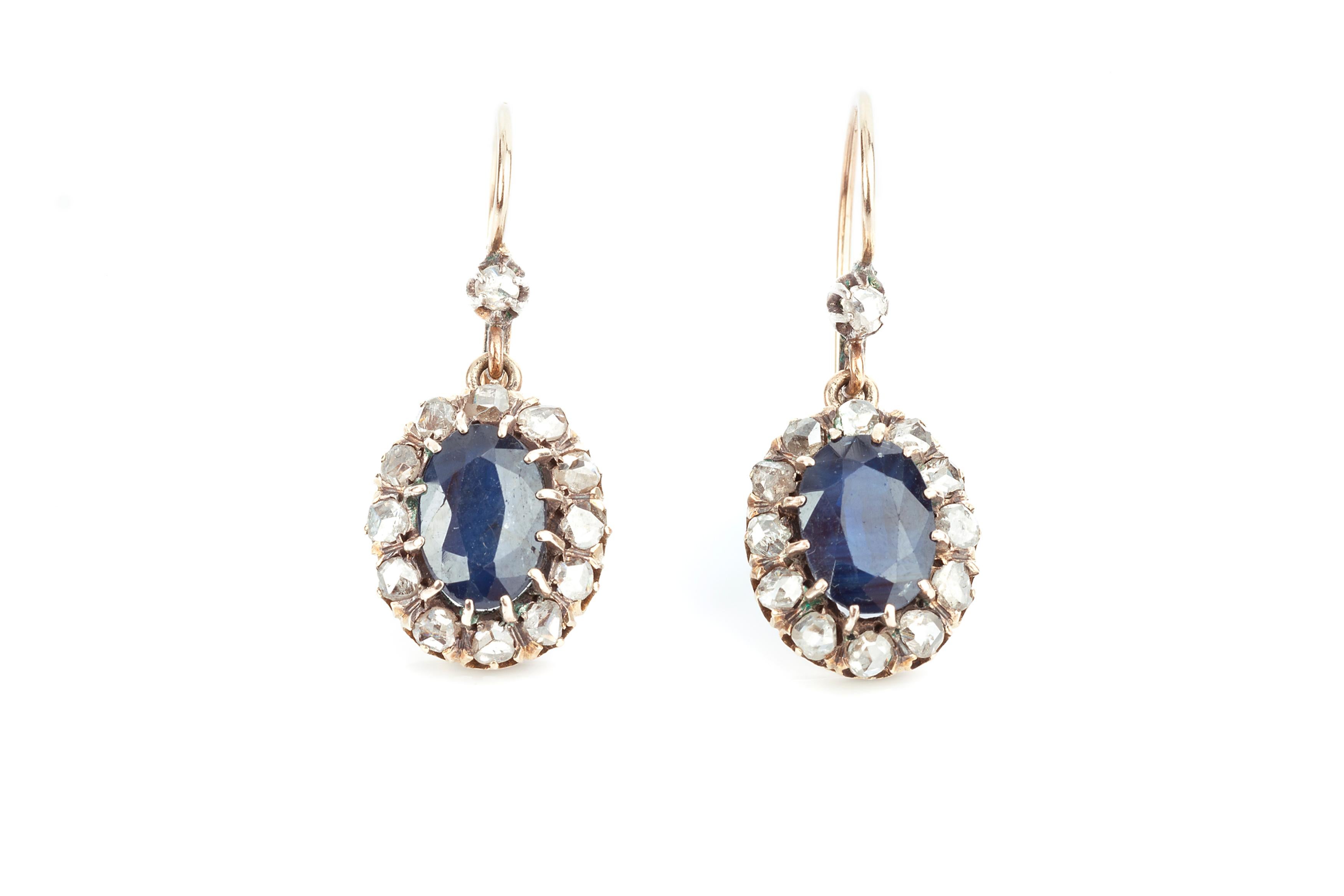 Sapphire and Rose Cut Diamond Victorian Earrings In Excellent Condition For Sale In Oxford, GB