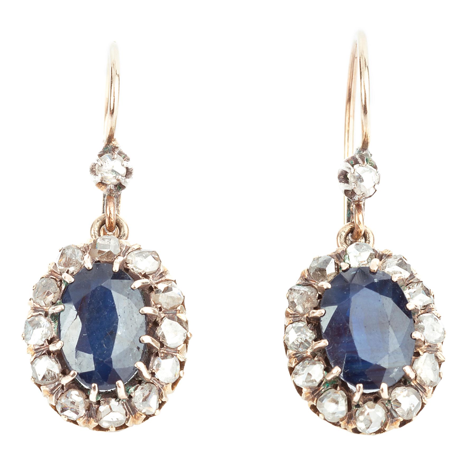 Sapphire and Rose Cut Diamond Victorian Earrings For Sale
