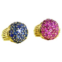 Sapphire and Rubies Dome Style Vintage Yellow Gold Rings, circa 1955, Pair