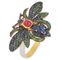 1.56cts Sapphire and 0.06cts Ruby and 0.45cts Tsavorite 925 sterling Silver Ring