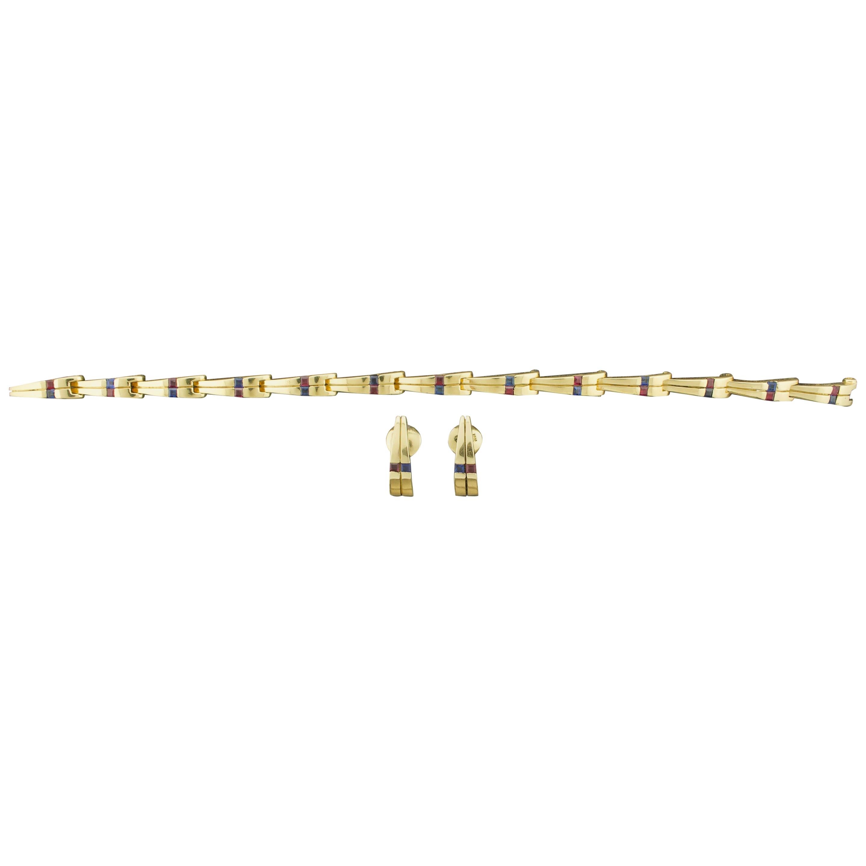 Sapphire and Ruby Bracelet with Earrings Set in 18 Karat Yellow Gold