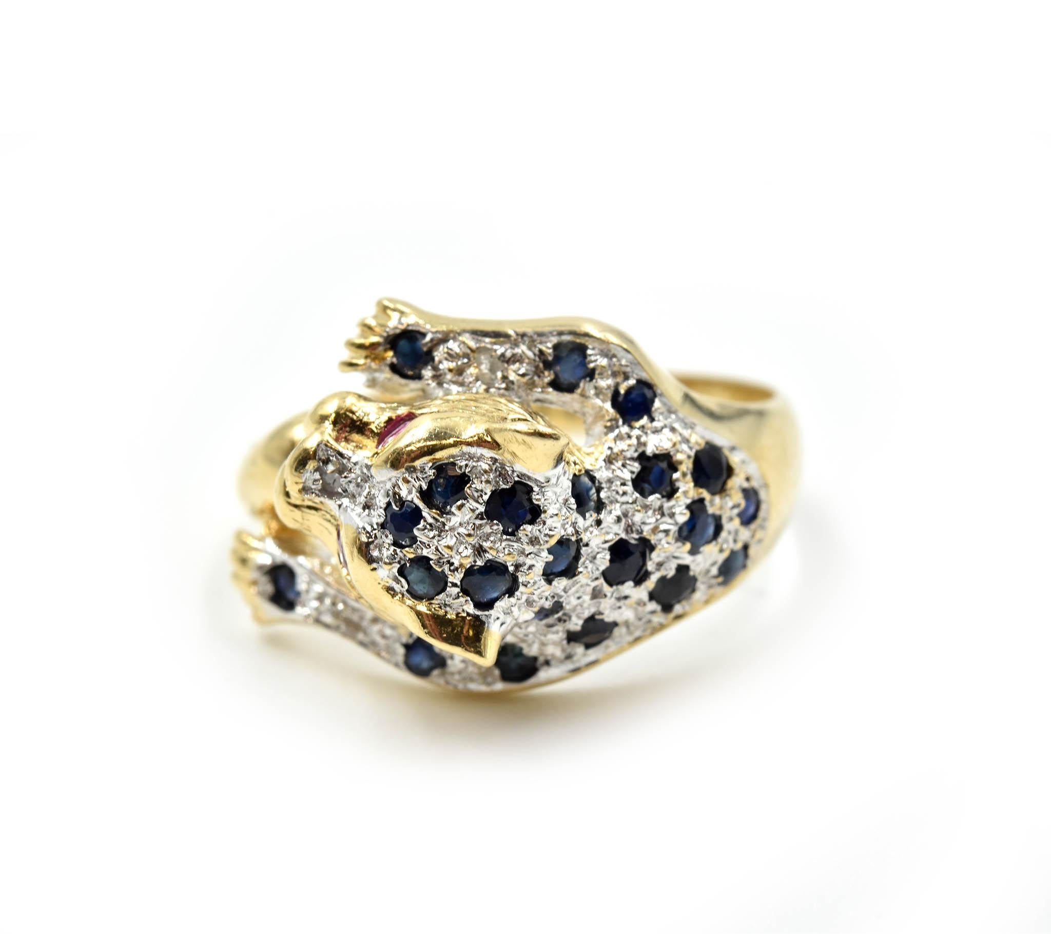 Modern Sapphire and Ruby Panther Fashion Ring 14 Karat Yellow Gold