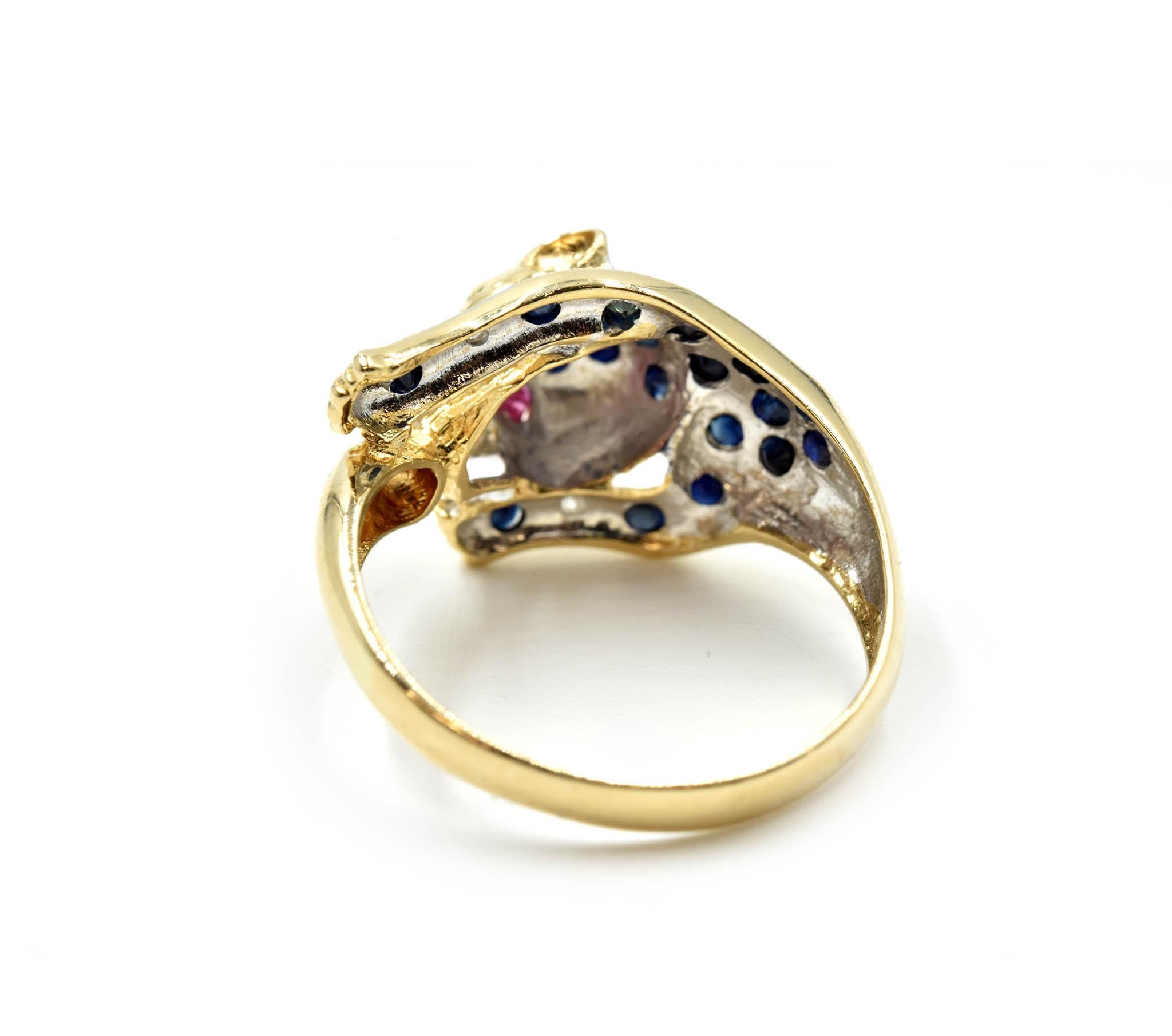 Sapphire and Ruby Panther Fashion Ring 14 Karat Yellow Gold In New Condition In Scottsdale, AZ