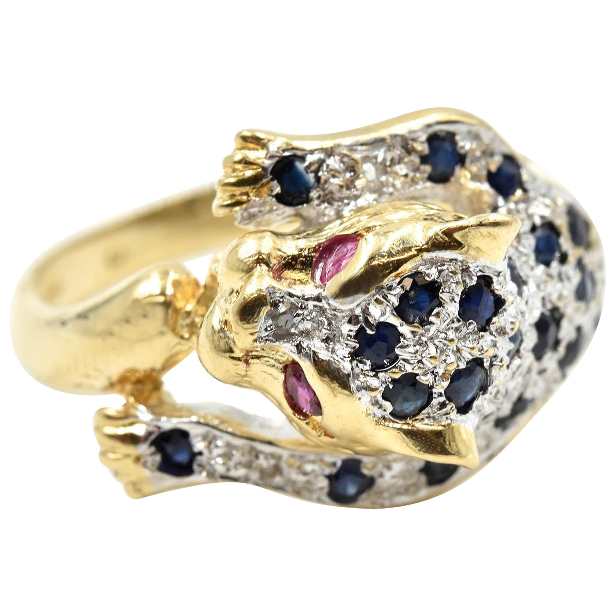 Sapphire and Ruby Panther Fashion Ring 14 Karat Yellow Gold