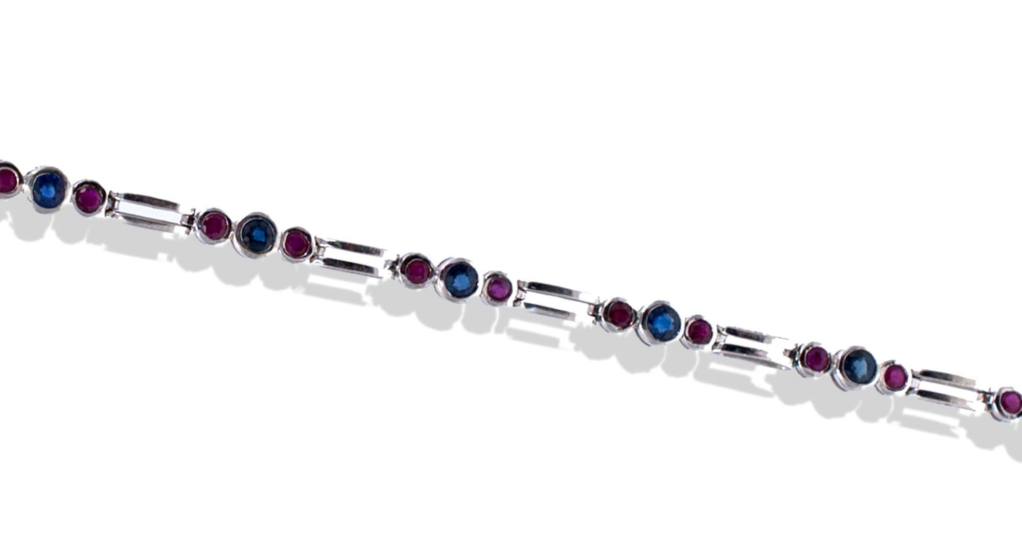 Contemporary Sapphire and Ruby, Tennis 1.50 Carat Bracelet, Bezel Set 14 Karat Gold