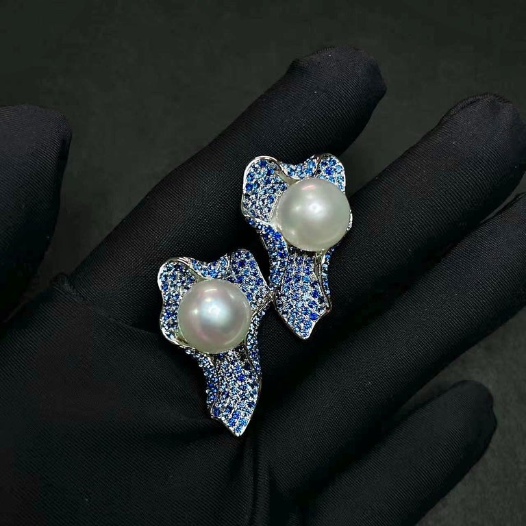 Contemporary Eostre Sapphire and South Sea Pearl White Gold Earring  For Sale