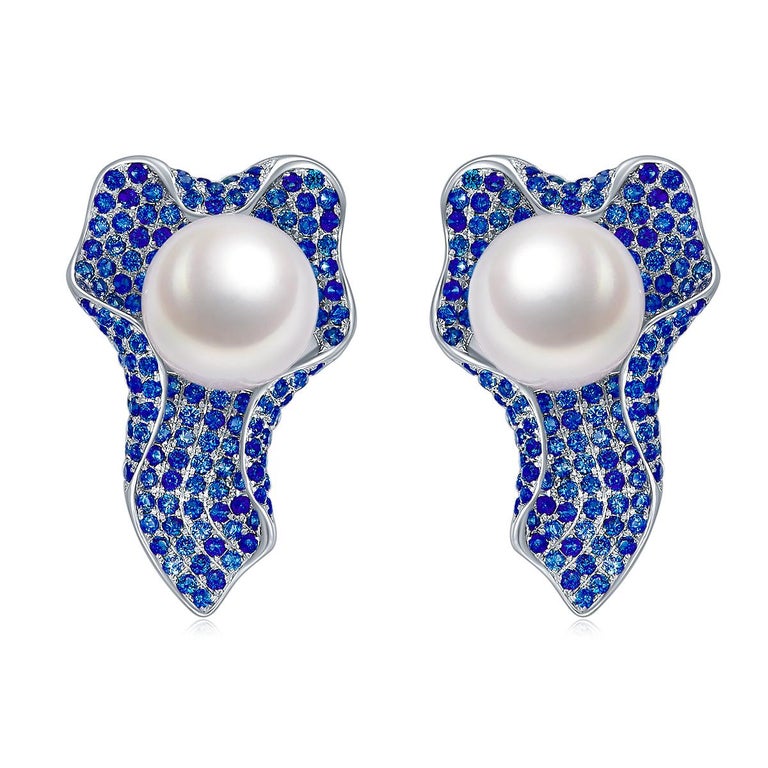 Brilliant Cut Eostre Sapphire and South Sea Pearl White Gold Earring  For Sale