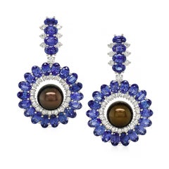 Platinum Blue Sapphire and Tahitian Pearl Drop Earrings