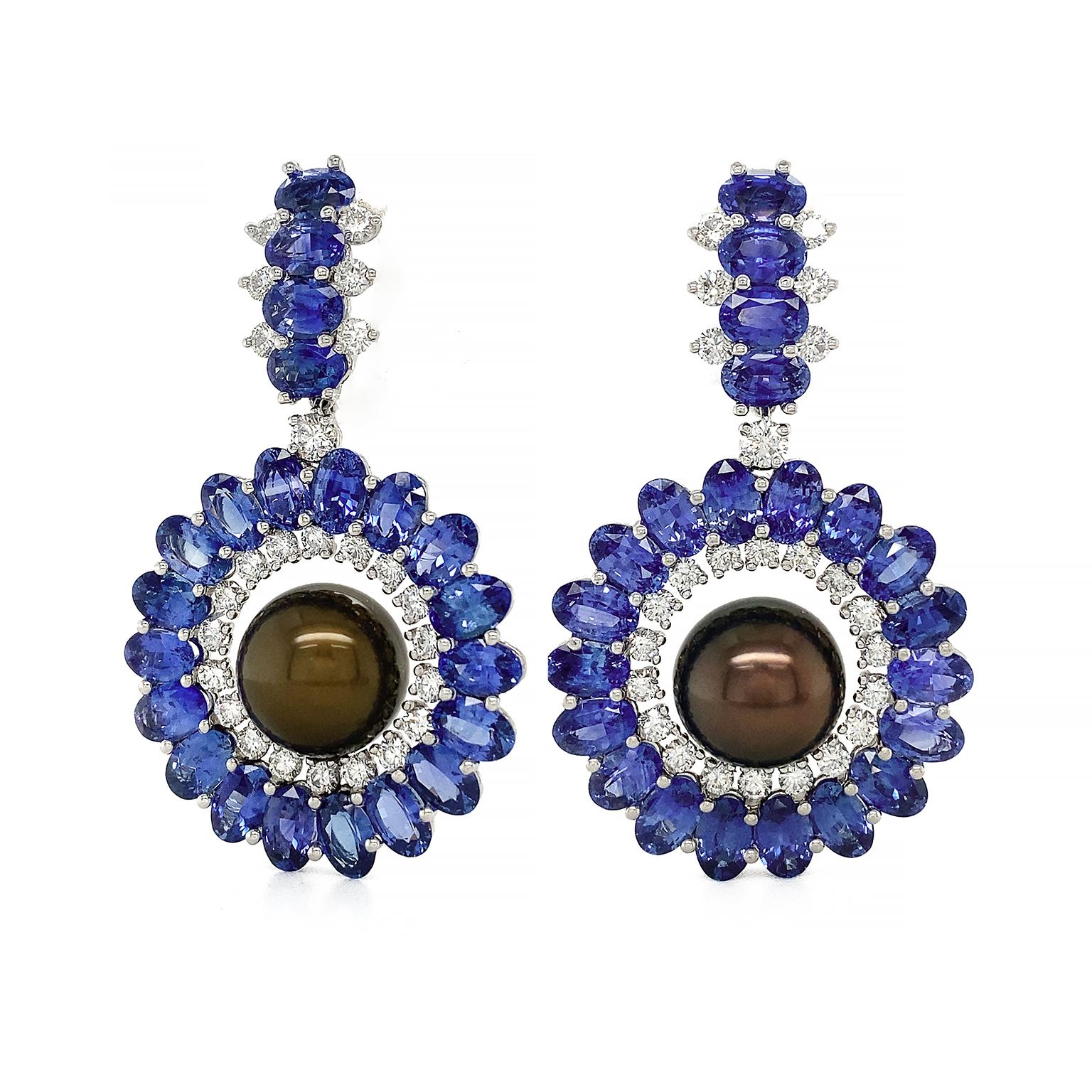 Oval Cut Platinum Blue Sapphire and Tahitian Pearl Drop Earrings For Sale