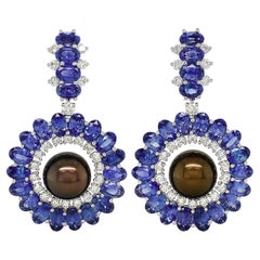 Platinum Blue Sapphire and Tahitian Pearl Drop Earrings