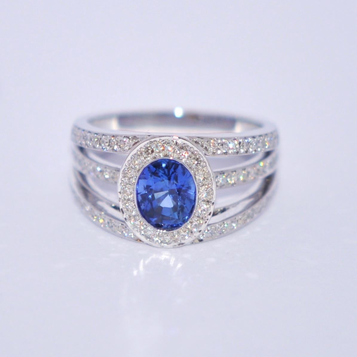 Discover this Sapphire and White Diamonds on White Gold 18 Karat Engagement Ring.
Blue Sapphire 1.55 Karat
66 White Diamonds 0.45 Karat Color G
16 White Diamonds 0.28 Karat Color G
White Gold 18 Karat
French Size 54
US Size 6 1/2
