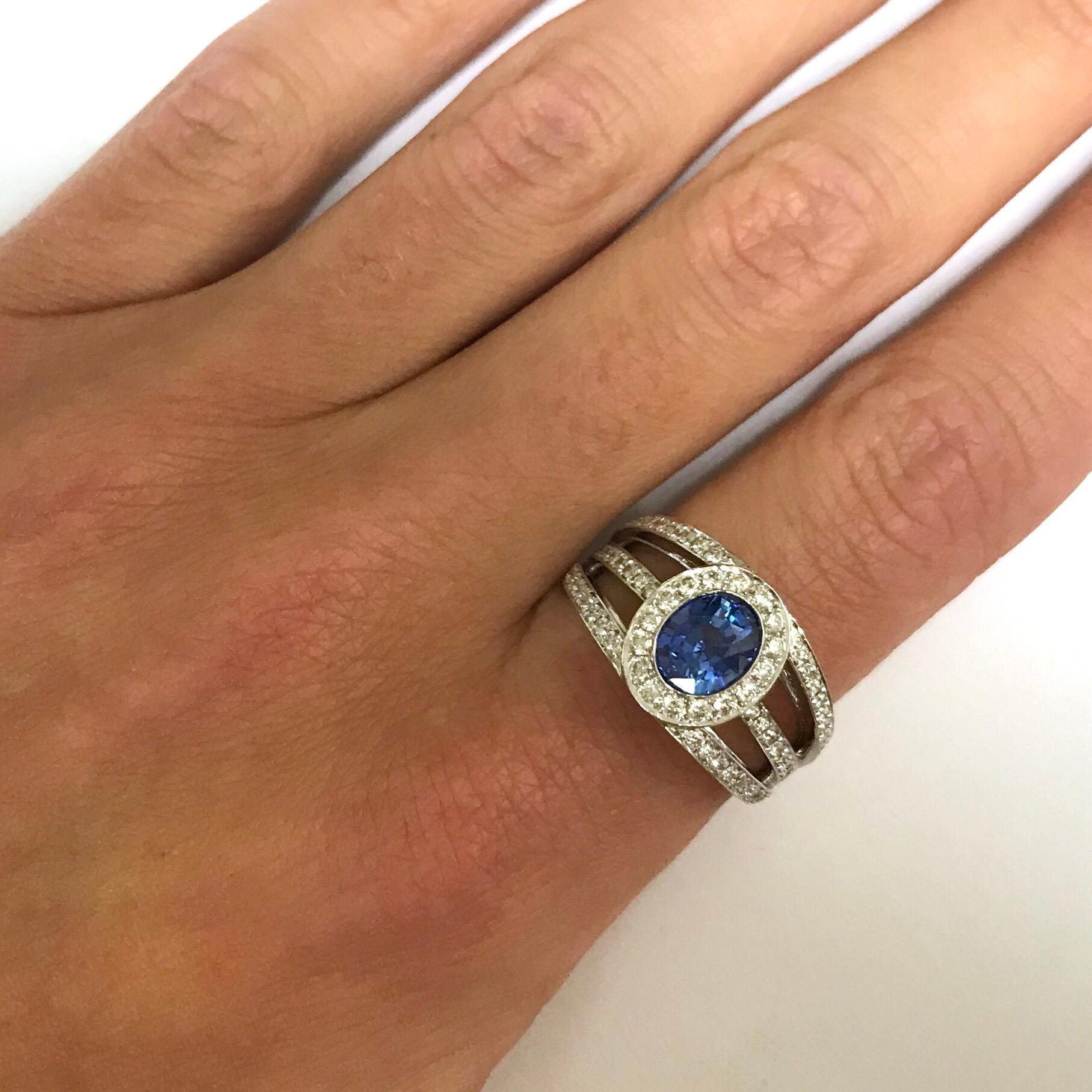 Women's Sapphire and White Diamonds on White Gold 18 Karat Engagement Ring