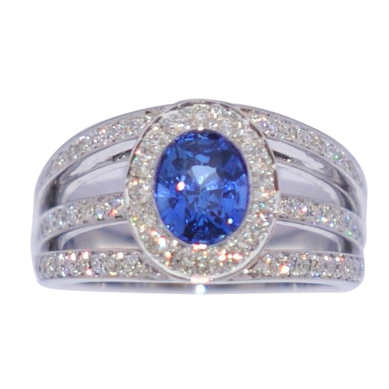 Sapphire and White Diamonds on White Gold 18 Karat Engagement Ring