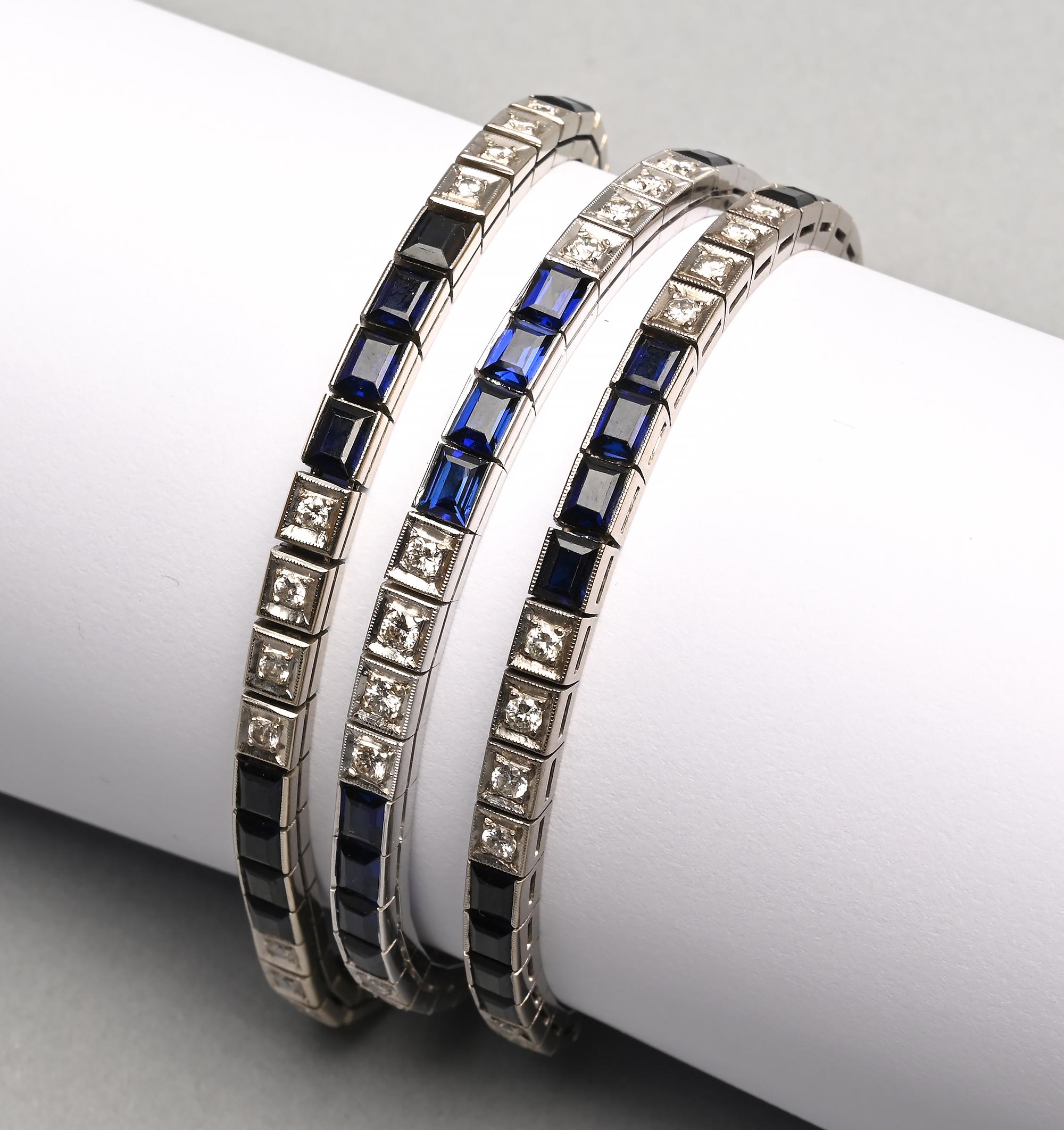 A trio of Deco straight line bracelets can be worn in various configurations. Each bracelet alternates four sapphires with four diamonds. The lengths vary from slightly more than 7 inches to slightly less than 8 inches.  Each bracelet has a push