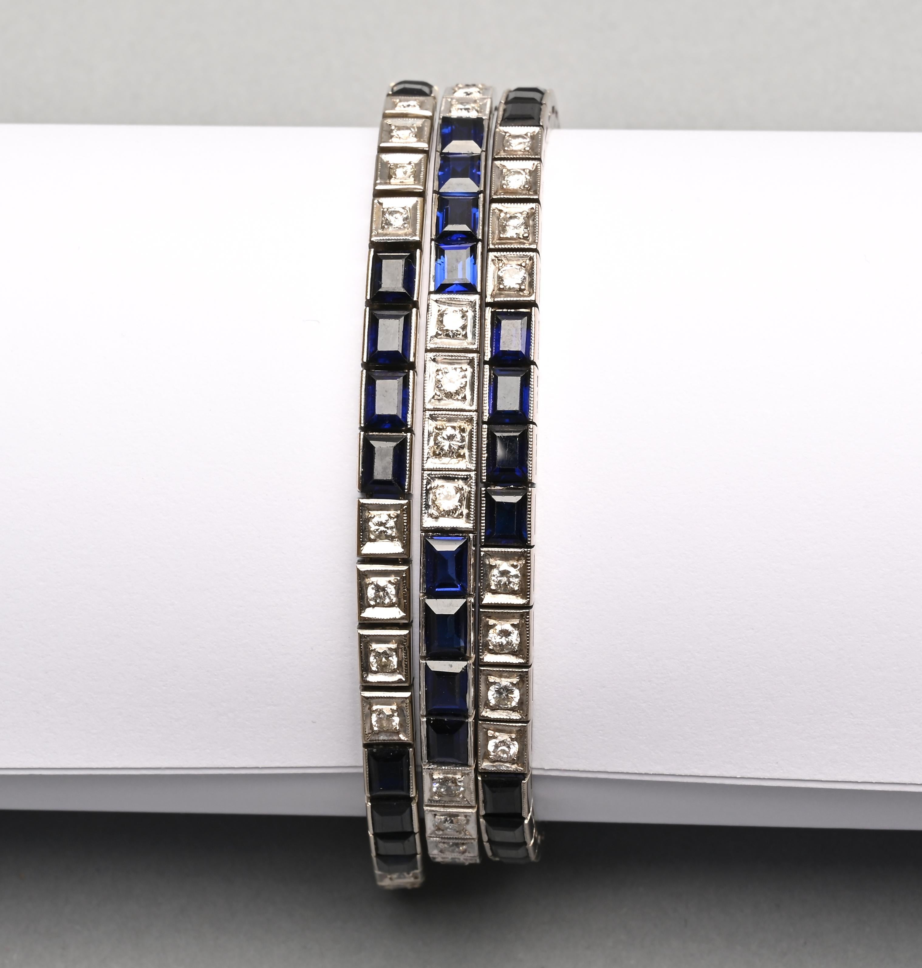 Mixed Cut Sapphire and White Gold Bracelet Trio For Sale