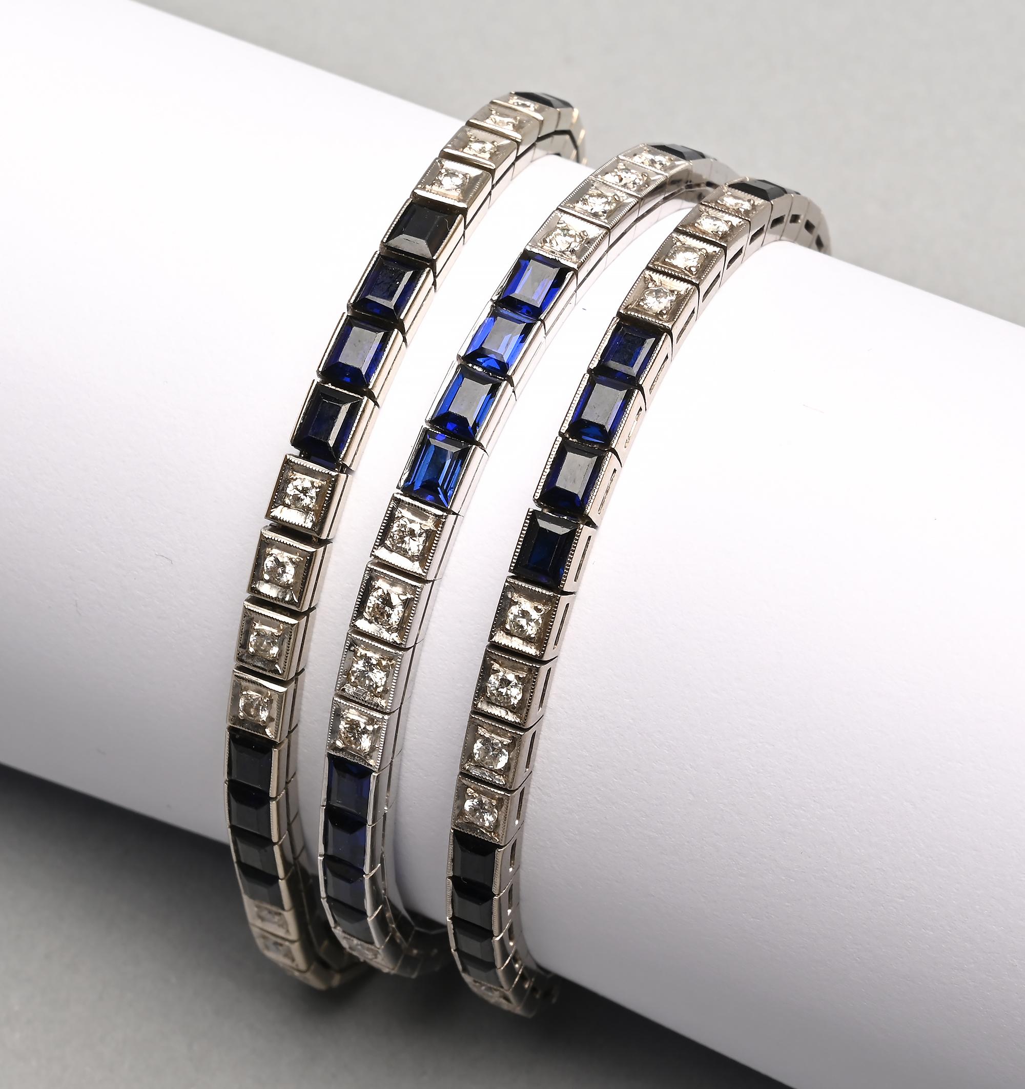 A trio of Deco straight line bracelets that can be worn in various configurations. Each bracelet alternates four sapphires with four diamonds. The lengths vary from slightly more than 7 inches to slightly less than 8 inches.  Each bracelet has a
