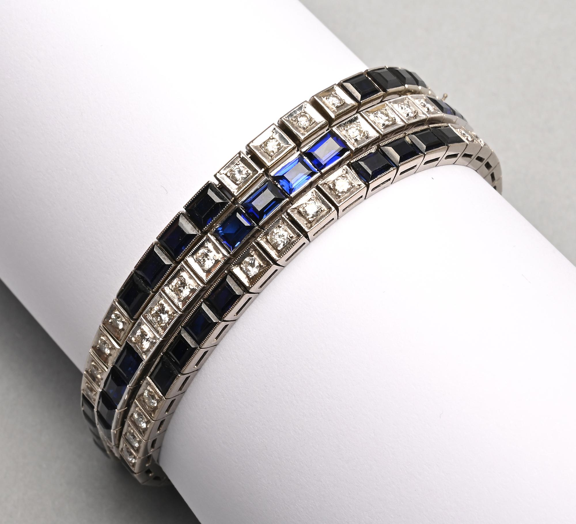 Art Deco Sapphire and White Gold Trio of Bracelets For Sale