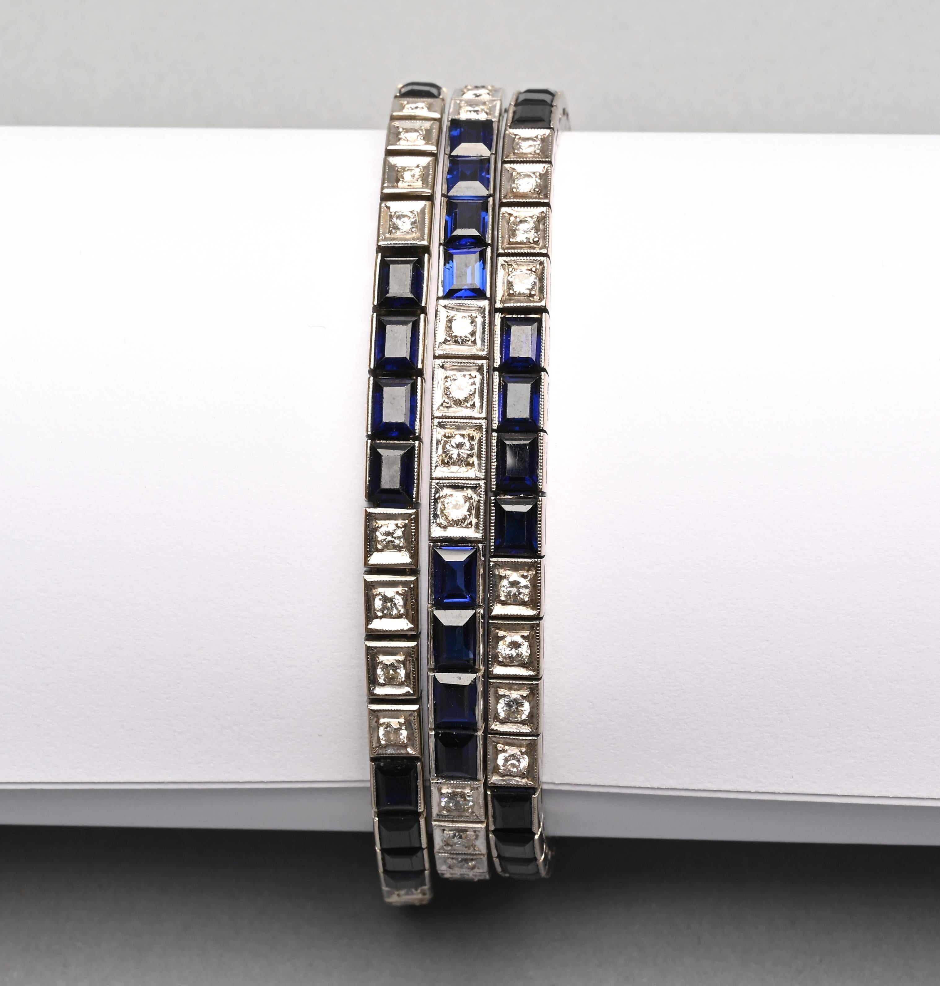 Mixed Cut Sapphire and White Gold Trio of Bracelets For Sale