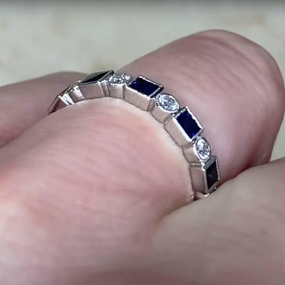 Round Cut Sapphire (Approx. 0.60-Carats) and Diamond (Approx. 0.20-Carats) Band, Platinum For Sale