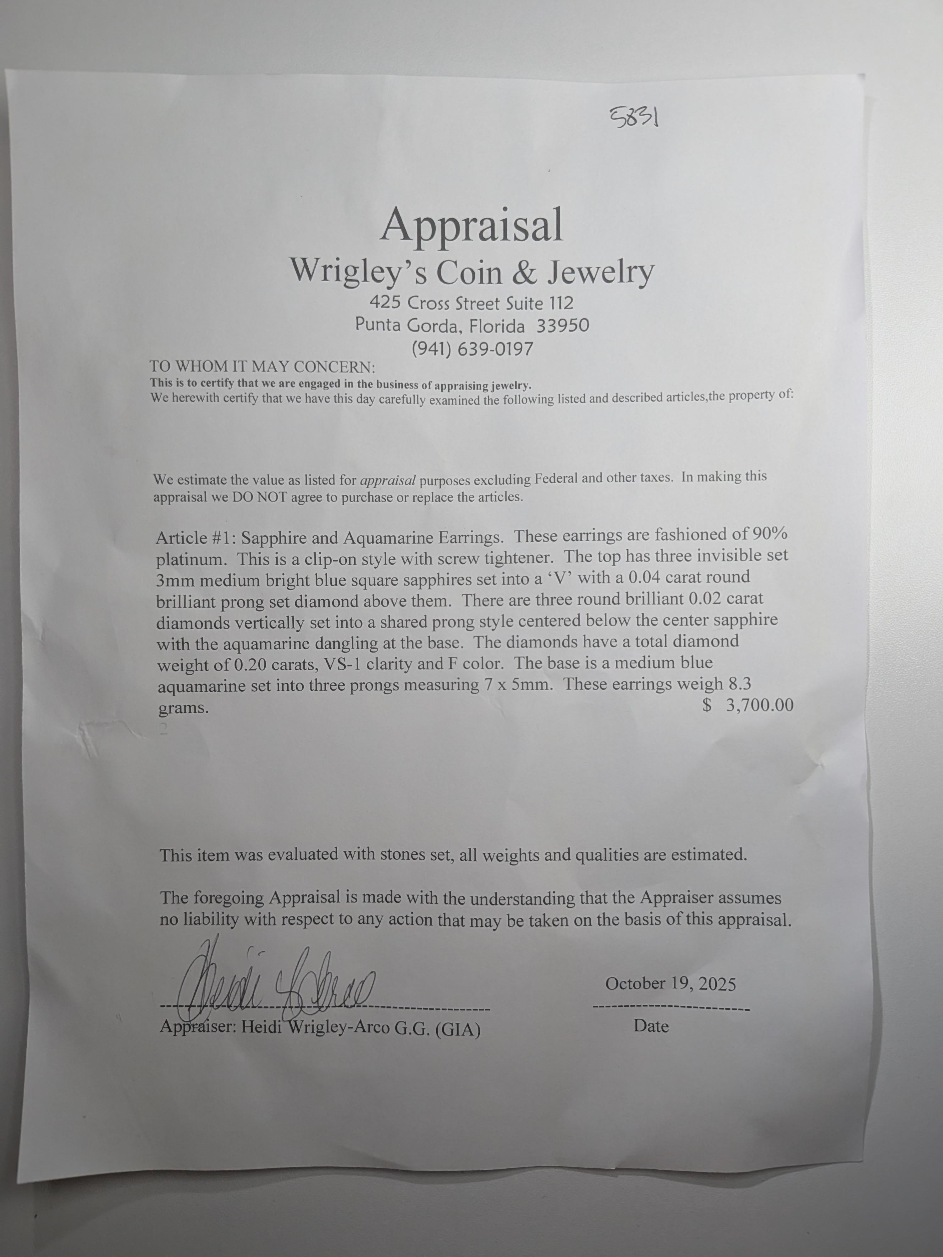 Orecchini pendenti con zaffiro e acquamarina. Orecchini a clip in platino PT950 senza piercing in vendita 4