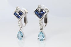 Sapphire Aquamarine Dangle Earrings. Platinum PT950 Unpierced Clip On Earrings